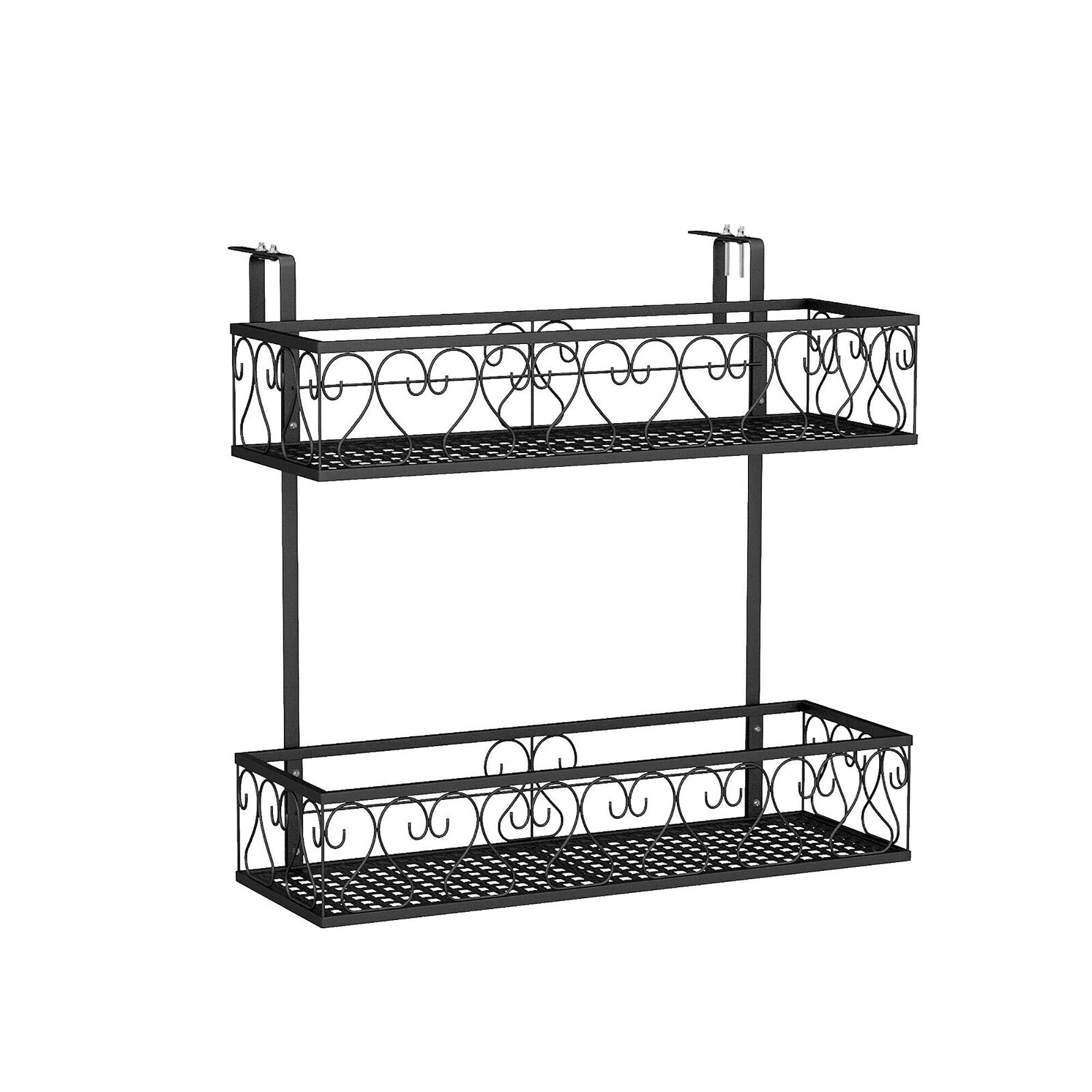 Alt View 9. Gymax - Gymax 2-Tier Flower Pot Holder Balcony Hanging Rack Railing Shelf w/ Adjustable Hooks - Black.