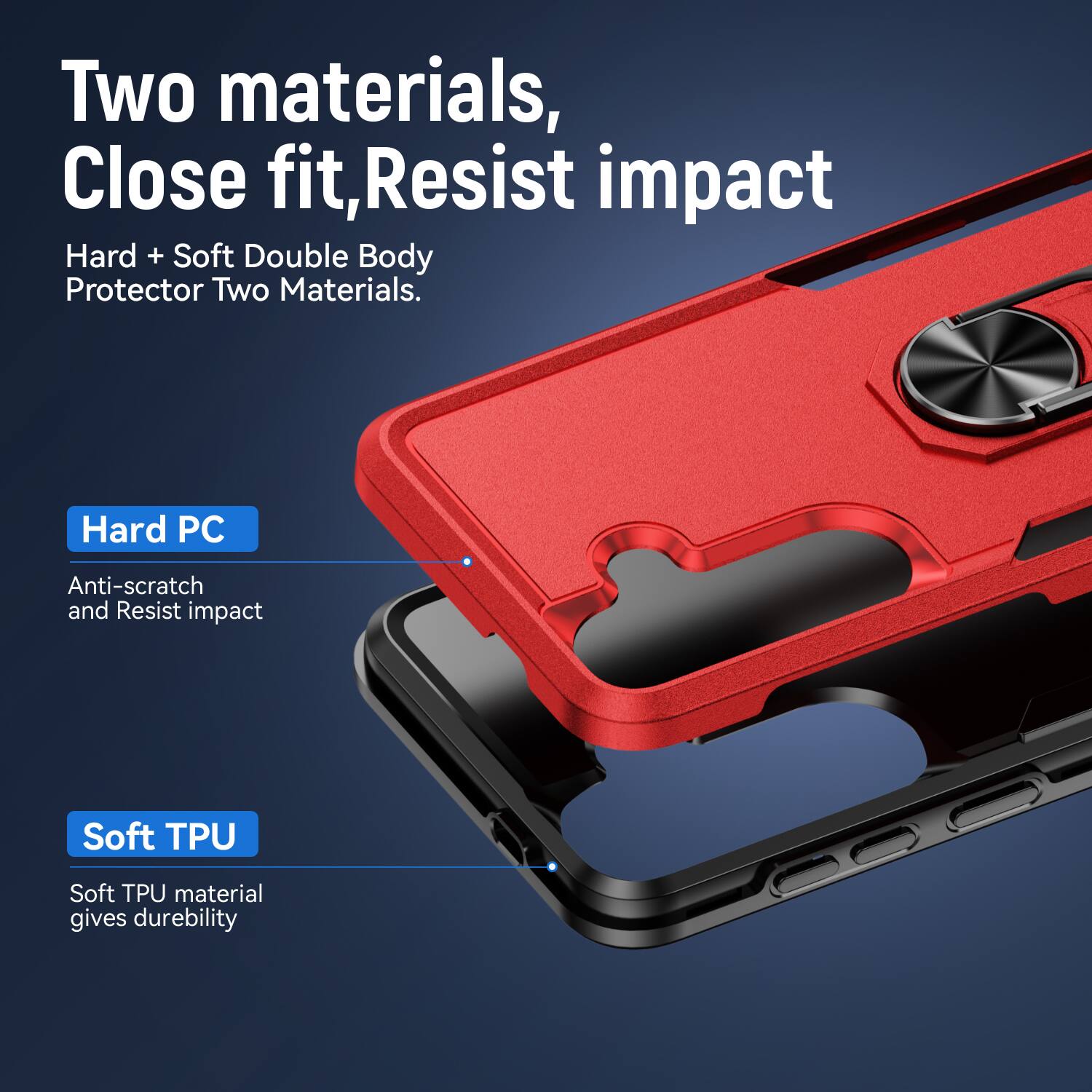 Two materials, Close fit, Resist impact  
Hard + Soft Double Body Protector Two Materials.  
Hard PC  
Anti-scratch and Resist impact  
Soft TPU  
Soft TPU material gives durability