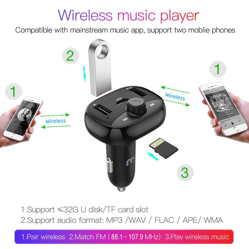 Wireless music player
Compatible with mainstream music app, support two mobile phones
1. Support <32G U disk/TF card slot
2. Support audio format: MP3 / WAV / FLAC / APE/ WMA
1. Pair wireless
2. Match FM (88.1~ 107.9 MHz)
3. Play wireless music