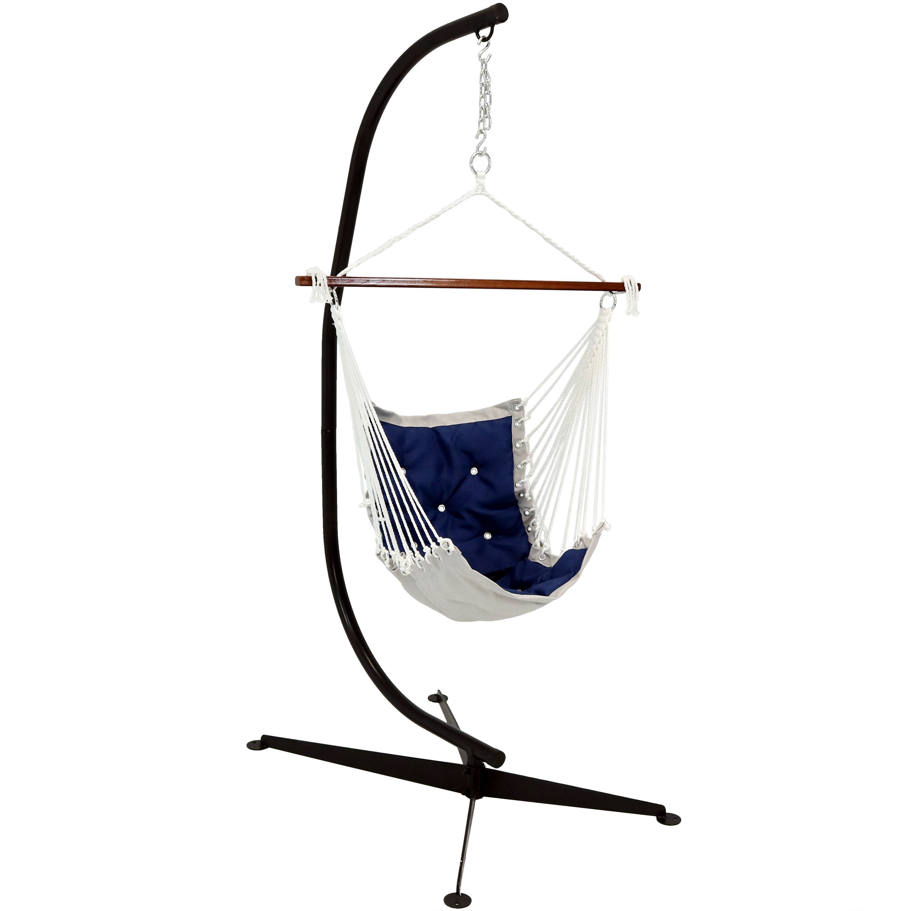 Front. Sunnydaze - Polyester Victorian Hammock Chair with Steel C-Stand - Navy Blue.
