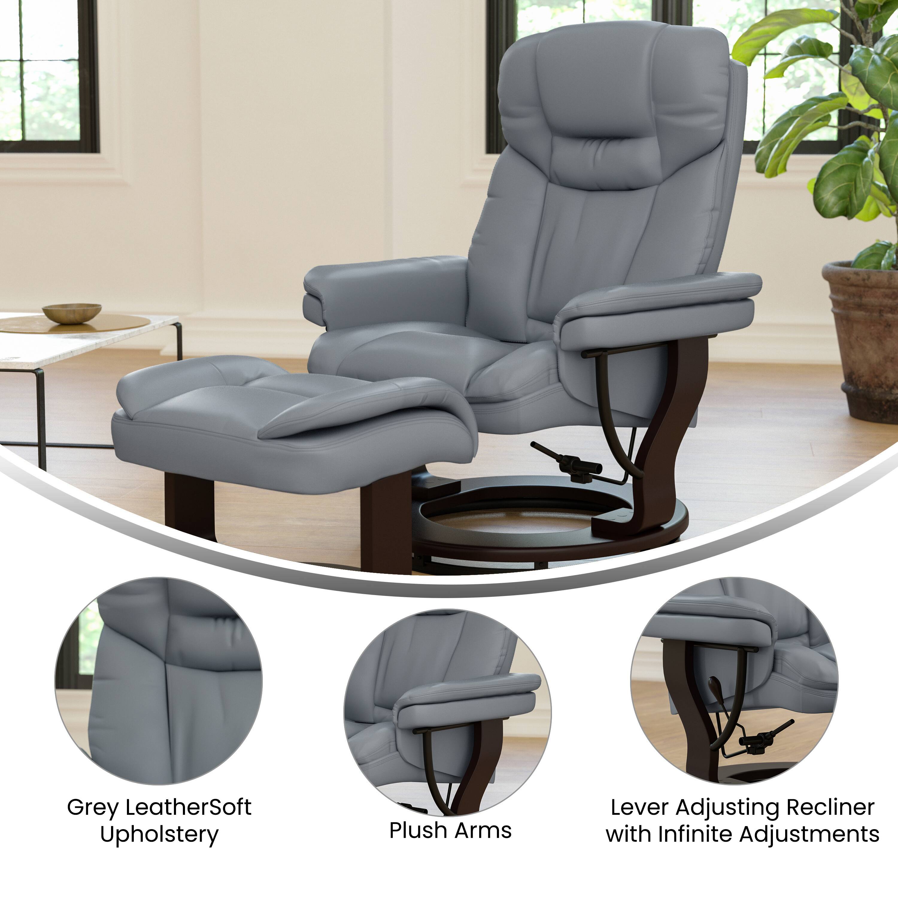 Grey LeatherSoft Upholstery  
Plush Arms  
Lever Adjusting Recliner with Infinite Adjustments