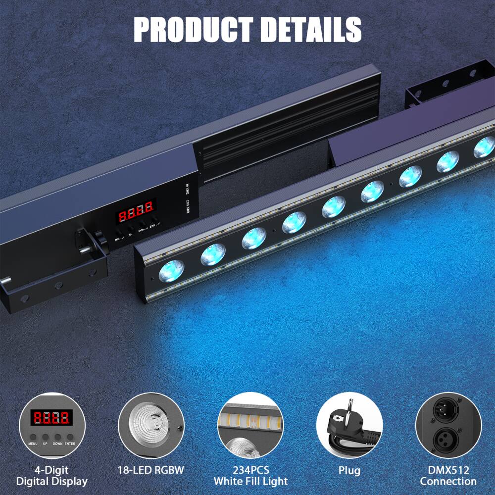PRODUCT DETAILS

- 4-Digit Digital Display
- 18-LED RGBW
- 234PCS White Fill Light
- Plug
- DMX512 Connection