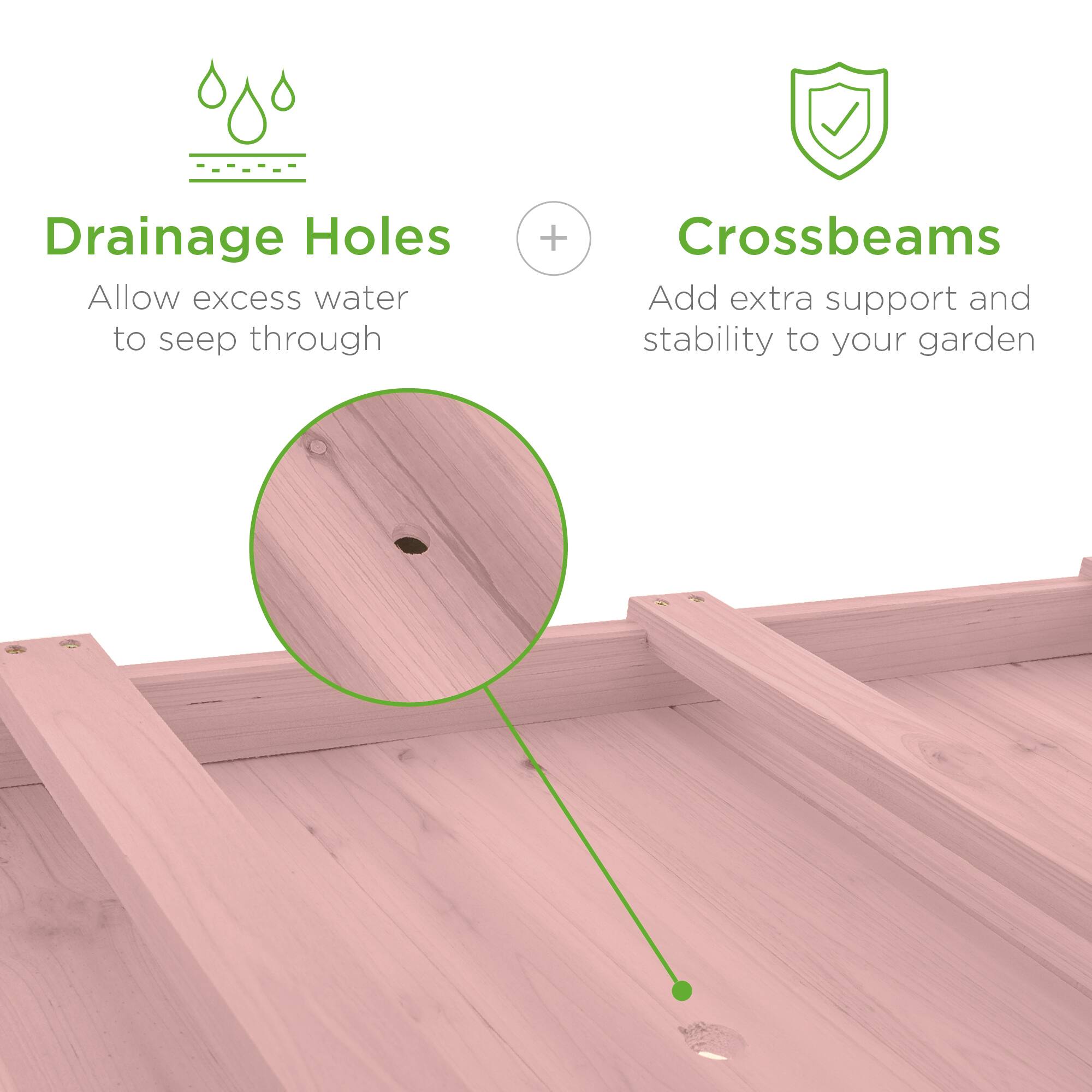 Drainage Holes  
Allow excess water to seep through  

+  

Crossbeams  
Add extra support and stability to your garden