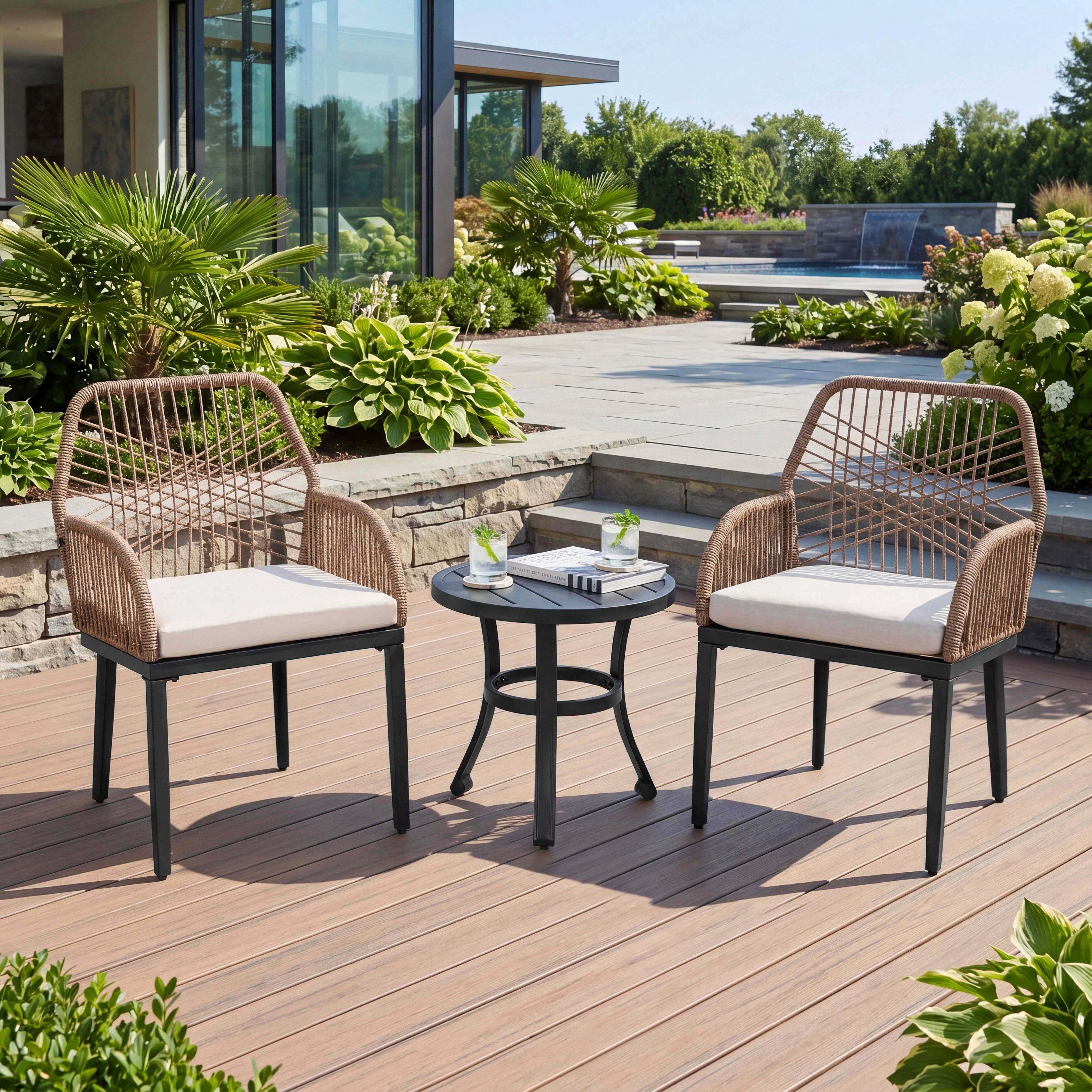 Angle. Nuu Garden - 3-Piece Rattan Outdoor Bistro Set with Cushions and Coffee Table - Twisted Rattan.