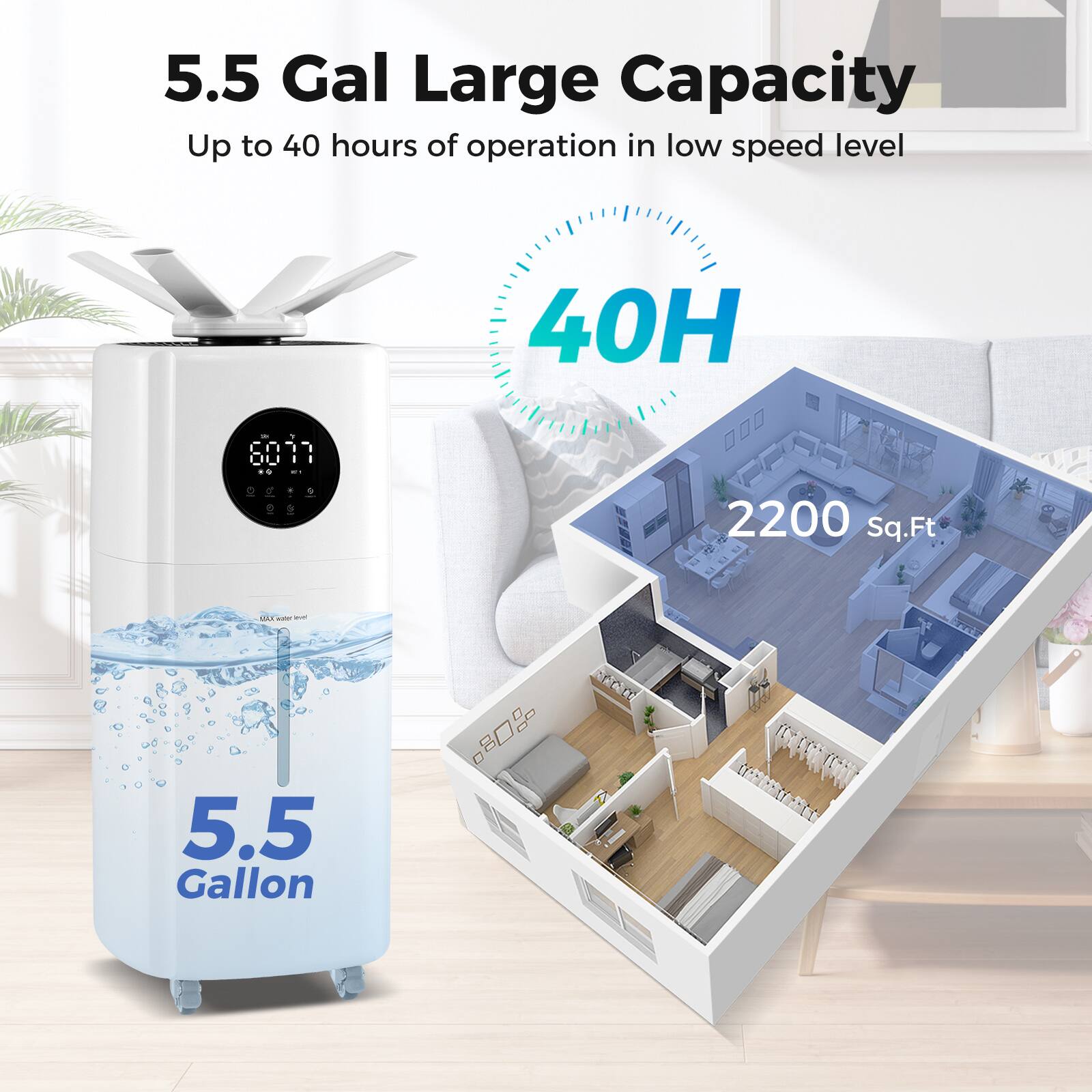 5.5 Gal Large Capacity  
Up to 40 hours of operation in low speed level  
40H  
2200 Sq.Ft  
5.5 Gallon