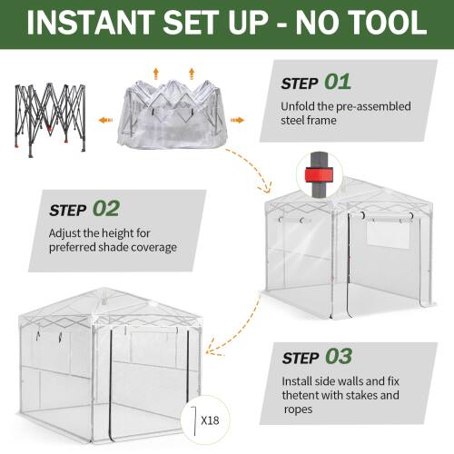**INSTANT SET UP - NO TOOL**

**STEP 01**  
Unfold the pre-assembled steel frame

**STEP 02**  
Adjust the height for preferred shade coverage

**STEP 03**  
Install side walls and fix the tent with stakes and ropes