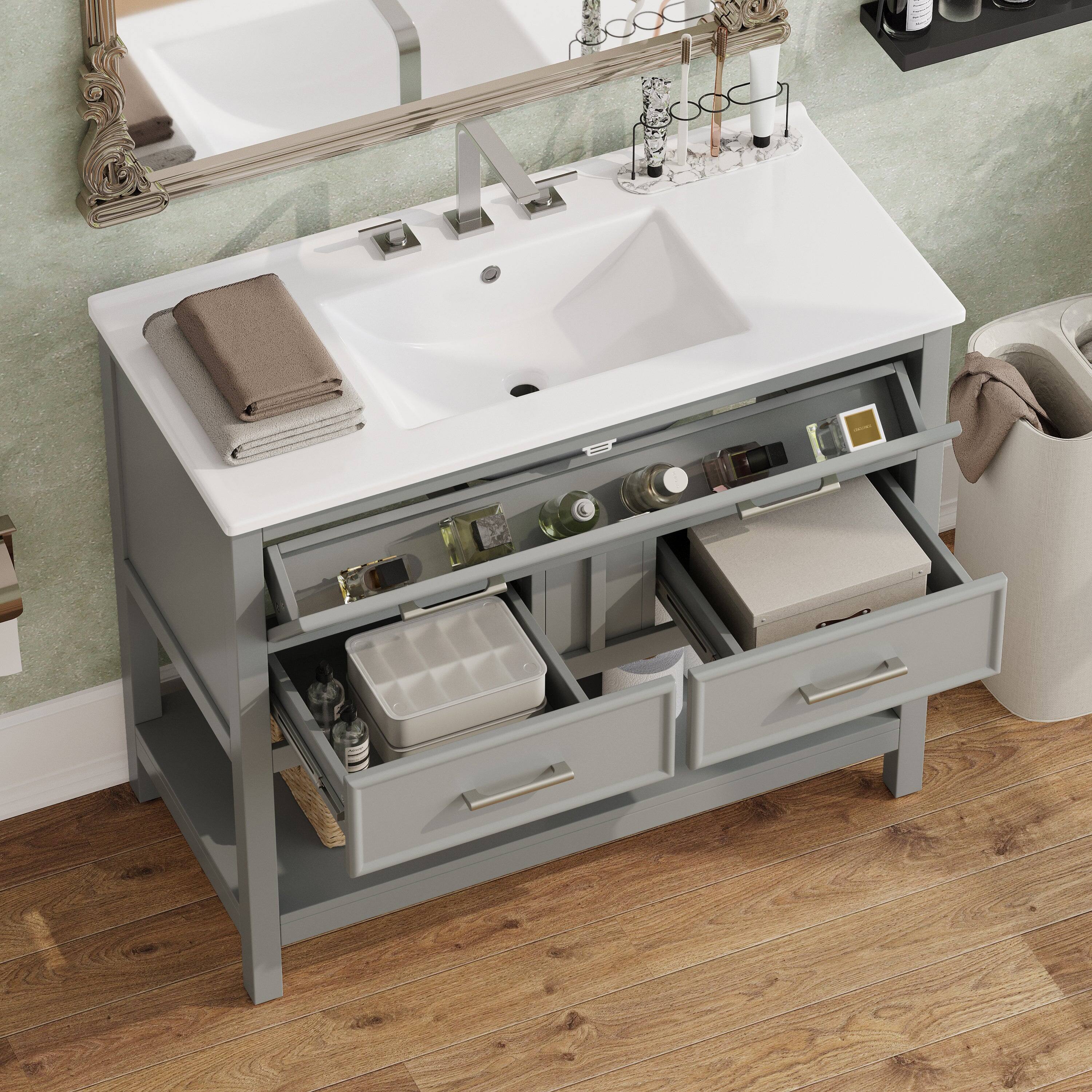Left. Boyel Living - 36 Inch Bathroom Vanity with Ceramic Sink Tip Out Tray Full Extension Drawers Soft Close Gray - Gray.