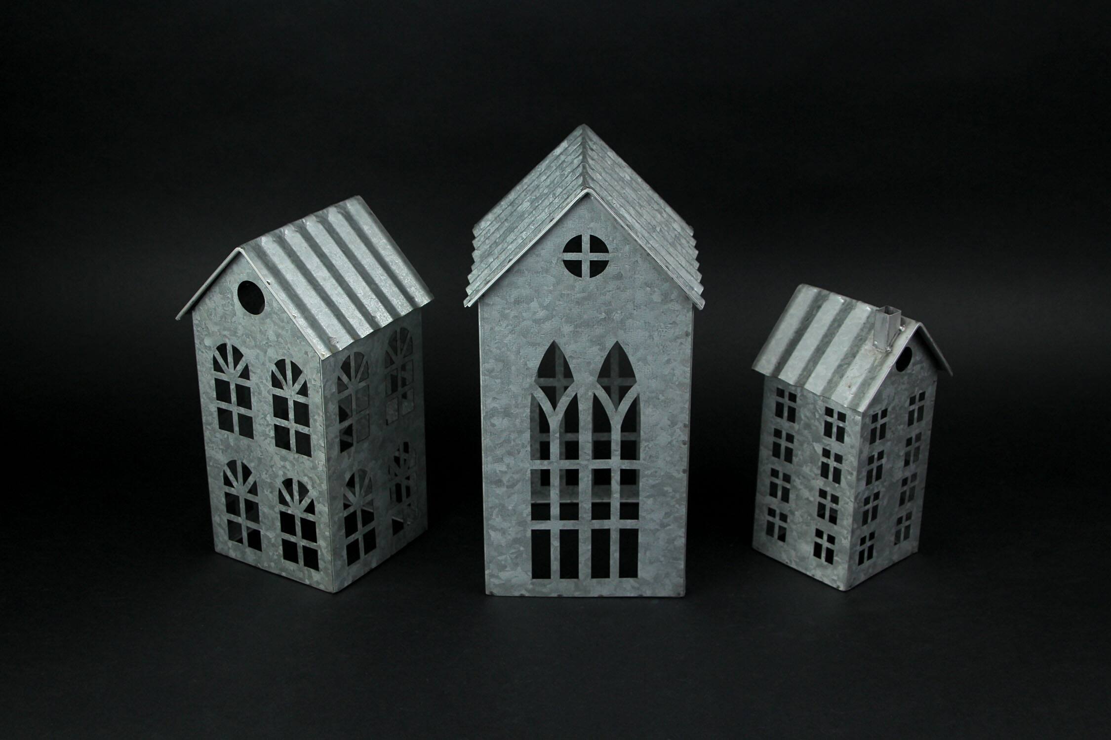 Alt View 1. Zeckos - Set of 3 Country Farmhouse Galvanized Metal House Shaped Candle Holders - Silver.