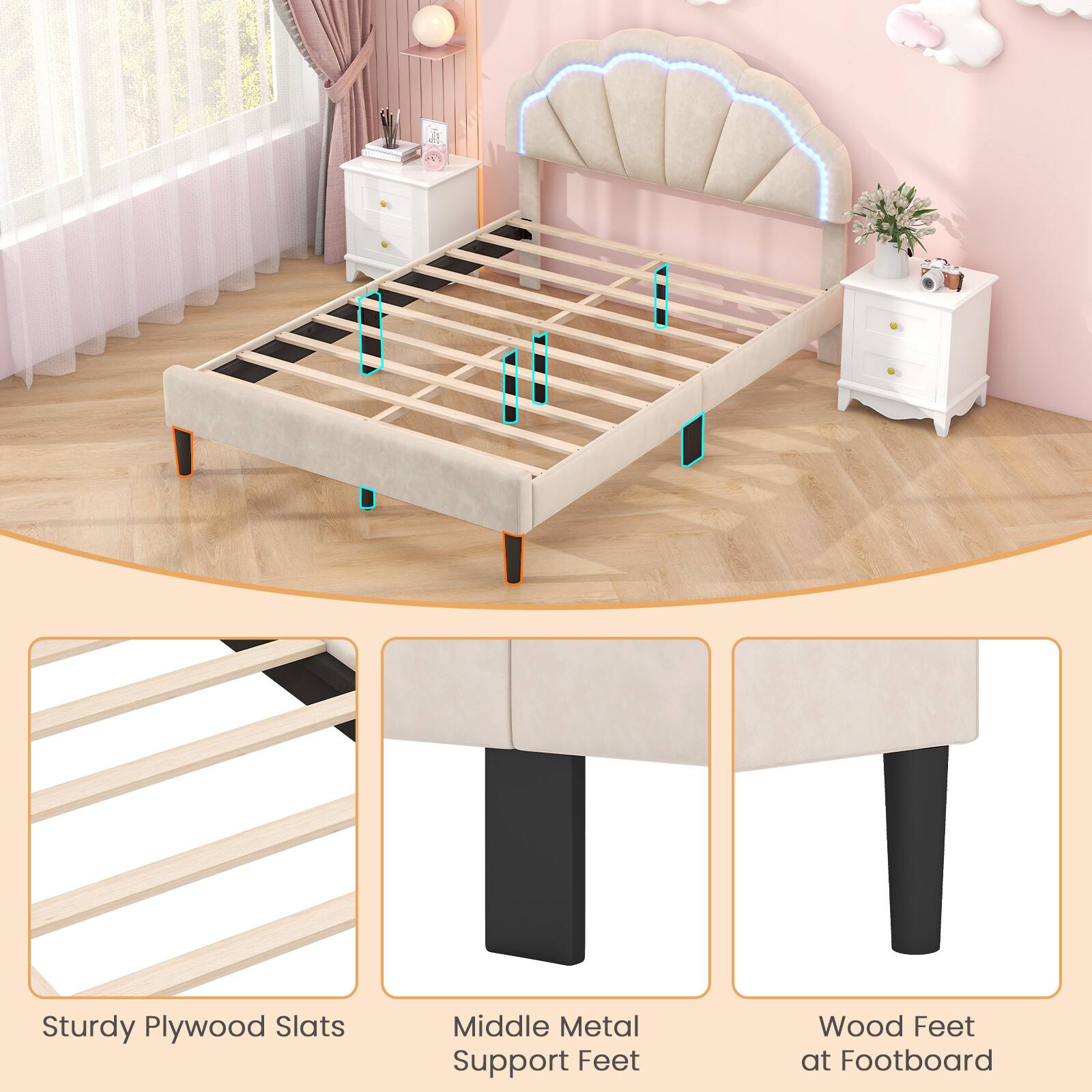 Sturdy Plywood Slats, Middle Metal Support Feet, Wood Feet at Footboard