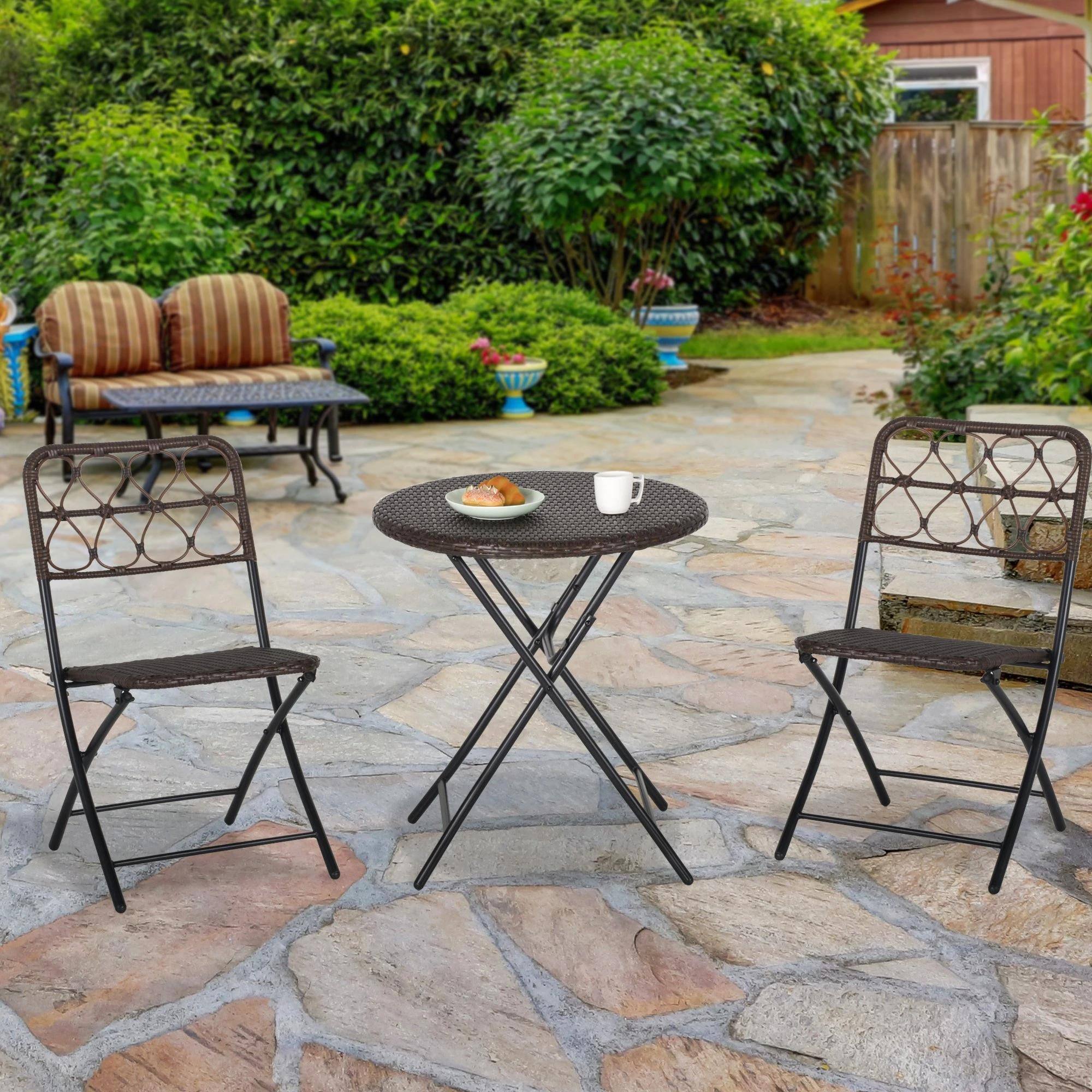 Alt View 4. Resenkos - Resenkos 3PC Rattan Wicker Bistro Set, Two Chairs And A Center Table, Foldable, Brown - Brown.