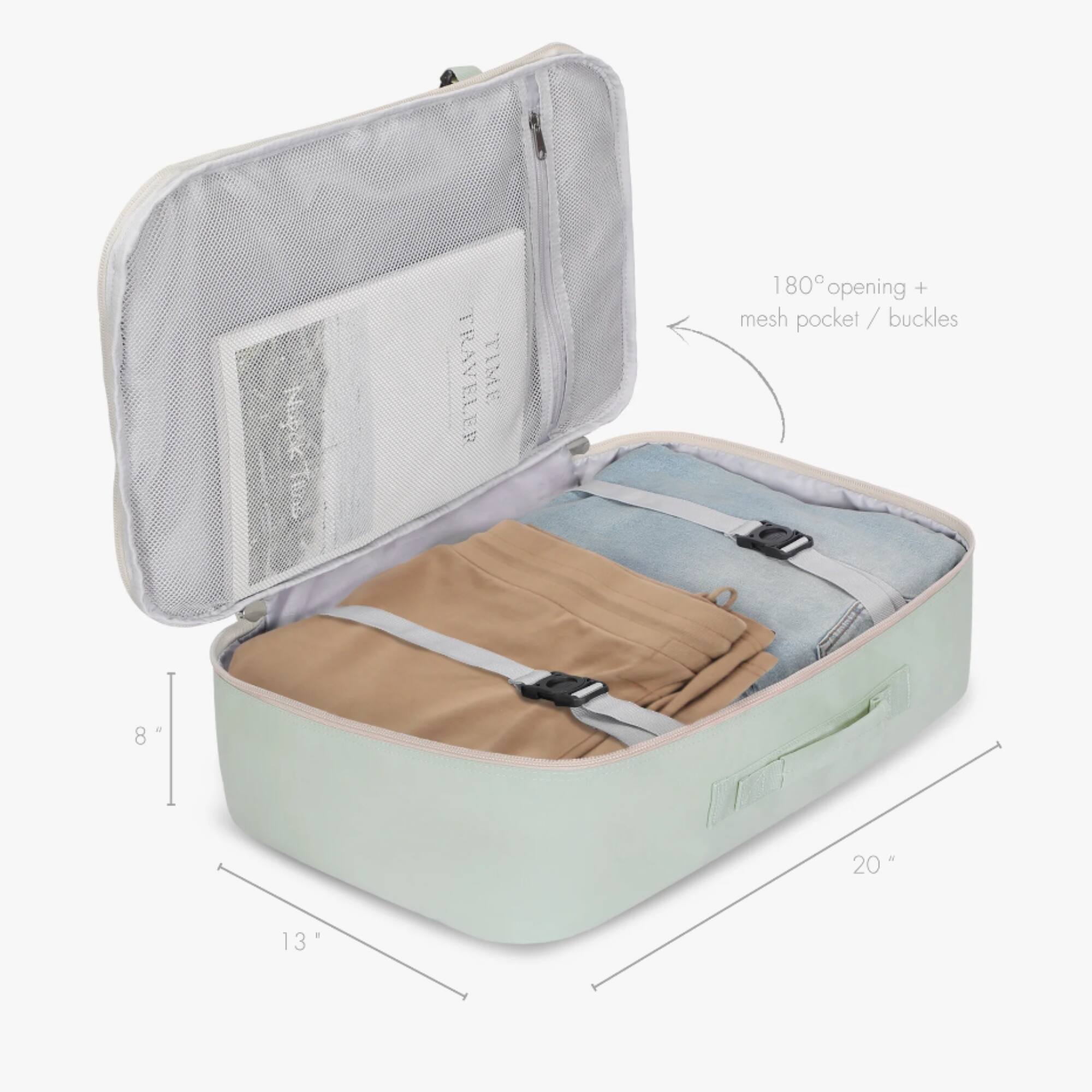 AVEYA

180° opening + mesh pocket / buckles

8"  
20"  
13"