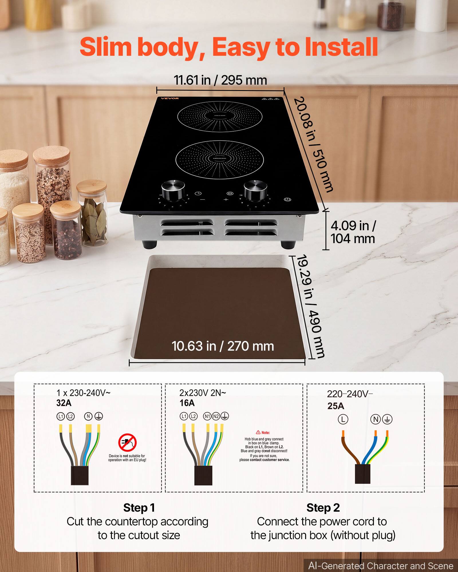 Slim body, Easy to Install

11.61 in / 295 mm
20.08 in / 510 mm
10.63 in / 270 mm
4.09 in / 104 mm
19.29 in / 490 mm

1 X 230-240V~ 32A L1 L2 N
2x230V 2N~ 16A 1 L2 N1 N2
220-240V- 25A L N

Device is not suitable for operation with EU plug!

Note: Hob blue and gray connect to DOM on blue clamp. Black on L1. Brown on L2. Blue and gray do not disconnect! If you are not sure, please contact customer service.

Step 1: Cut the countertop according to the cutout size
Step 2: Connect the power cord to the junction box (without plug)