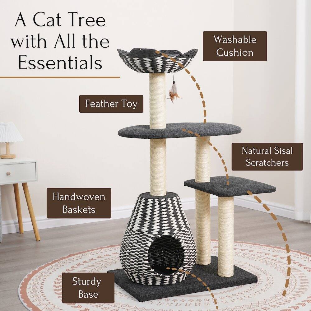A Cat Tree with All the Essentials

- Washable Cushion
- Feather Toy
- Natural Sisal Scratchers
- Handwoven Baskets
- Sturdy Base