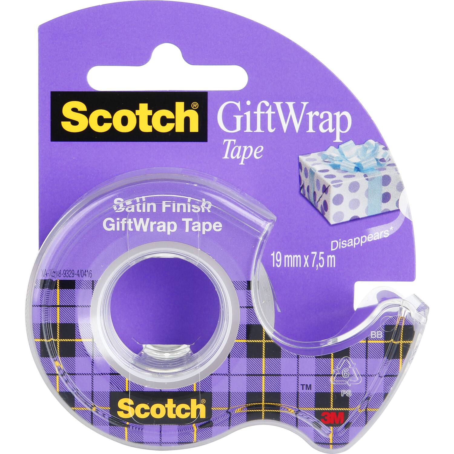 Scotch GiftWrap Tape  
Satin Finish GiftWrap Tape LA-1 8-98-9329-4(0416  
19 mm x 7.5 m  
Disappears*  
Scotch  
TM PS 3M