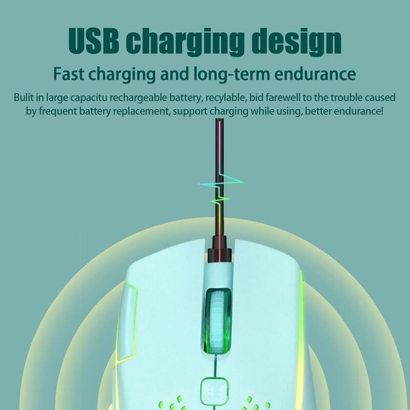 USB charging design  
Fast charging and long-term endurance  

Built in large capacitance rechargeable battery, recyclable, bid farewell to the trouble caused by frequent battery replacement, support charging while using, better endurance!