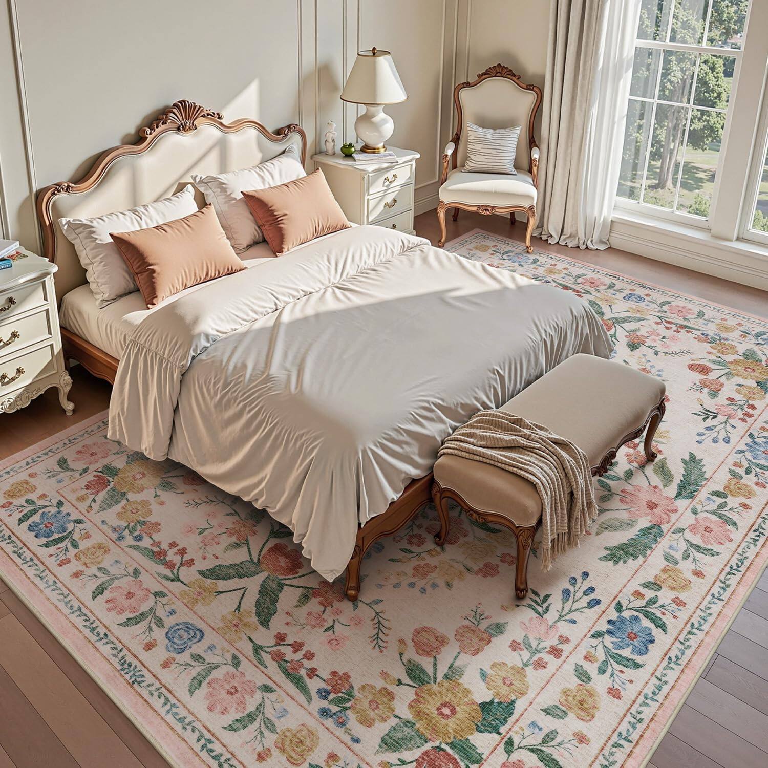 Alt View 2. Fabibe - Vintage Floral 5x7 Area Rugs For Living Room Rug Machine Washable Non Slip Large Bedroom boho... - Beige-5'x7'.