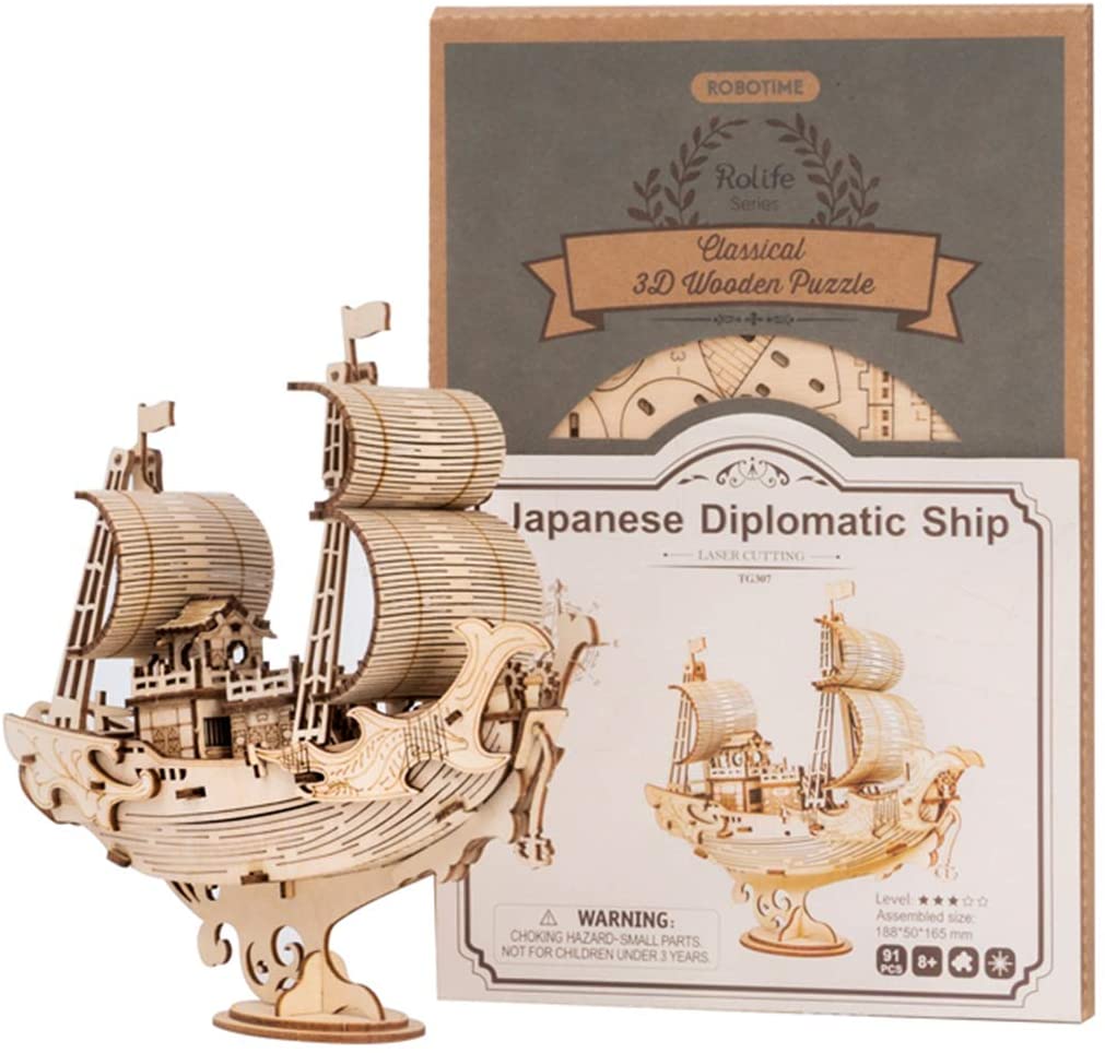ROBOTIME Rolife Series Classical 3D Wooden Puzzle Japanese Diplomatic Ship LASERCUTTING TGL97 WARNING: CHOKING HAZARD - SMALL PARTS NOT FOR CHILDREN UNDER 3 YEARS Level Assembled size 188x50x165 mm 91 PCS