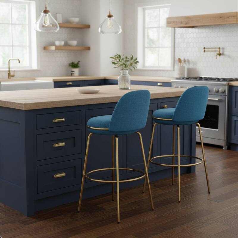 Alt View 2. HTUTWOO - Set of 2 Gold Metal Upholstered Barstools, 300lbs Capacity Low-Back Counter Stools for Kitchen Island, Home Bar - Blue.