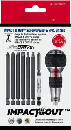No.238HWB-7PU
IMPACT & OUT™ Screwdriver & 7PC. Bit Set
7 PCS.
Juego de destornillador y puntas IMPACT & OUT™ 7 piezas
Jeu de tournevis et embouts IMPACT & OUT™ 7 pièces
MADE IN JAPAN
JIS DRIVE® FOR ALL SCREWS
IMPACT & OUT™
Unscrew Stubborn and Stripped screws by Hammer Impacting Bit and turning.
VESSEL ONLY
VESSEL ONLY