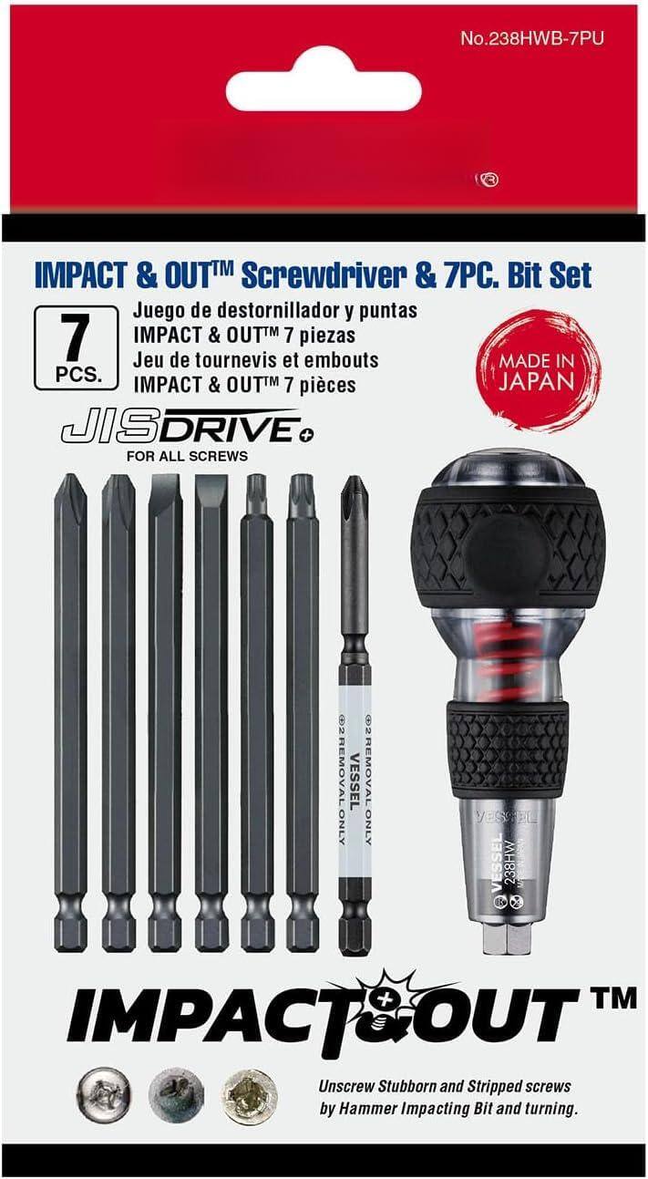 No.238HWB-7PU

IMPACT & OUT™ Screwdriver & 7PC. Bit Set

7 PCS.

Juego de destornillador y puntas IMPACT & OUT™ 7 piezas

Jeu de tournevis et embouts IMPACT & OUT™ 7 pièces

MADE IN JAPAN

JIS DRIVE® FOR ALL SCREWS

IMPACT & OUT™

Unscrew Stubborn and Stripped screws by Hammer Impacting Bit and turning.

VESSEL ONLY

VESSEL ONLY