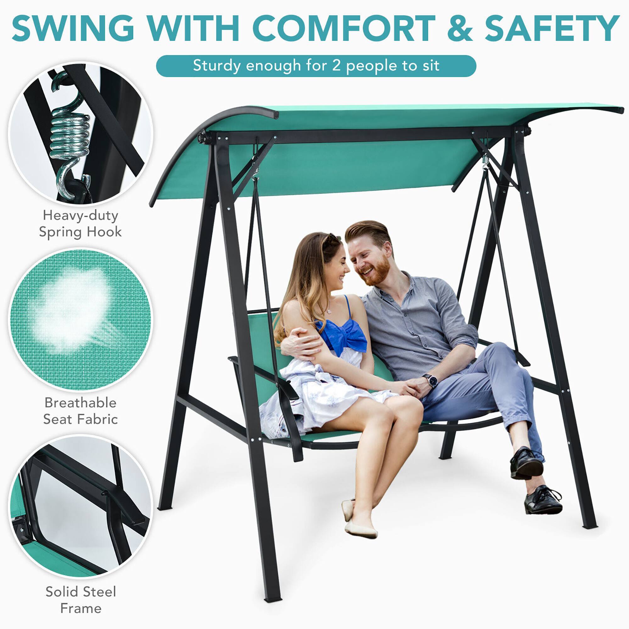 Alt View 4. Gymax - Gymax 2-Person Outdoor Patio Porch Swing Chair w/ Adjustable Canopy Turquoise - Turquoise.