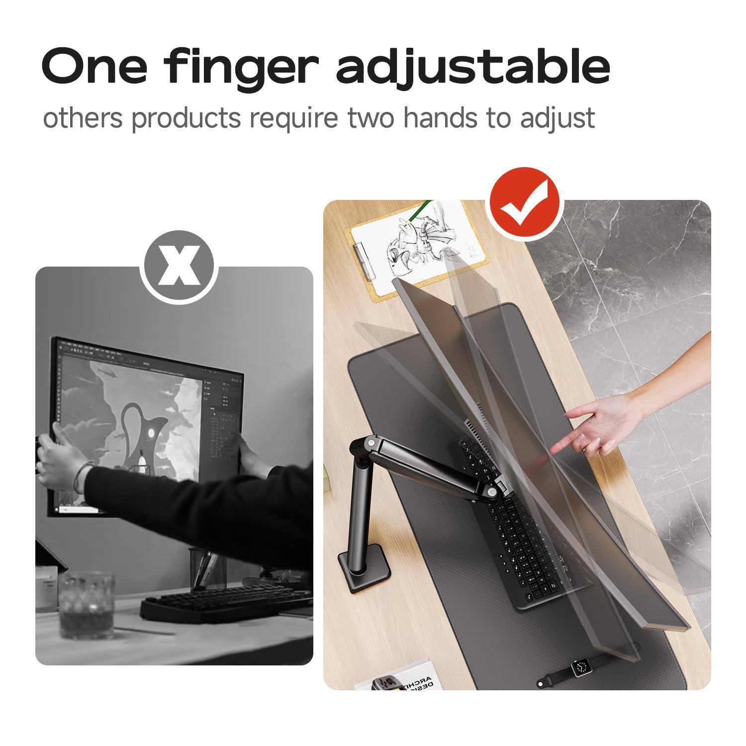 One finger adjustable  
others products require two hands to adjust