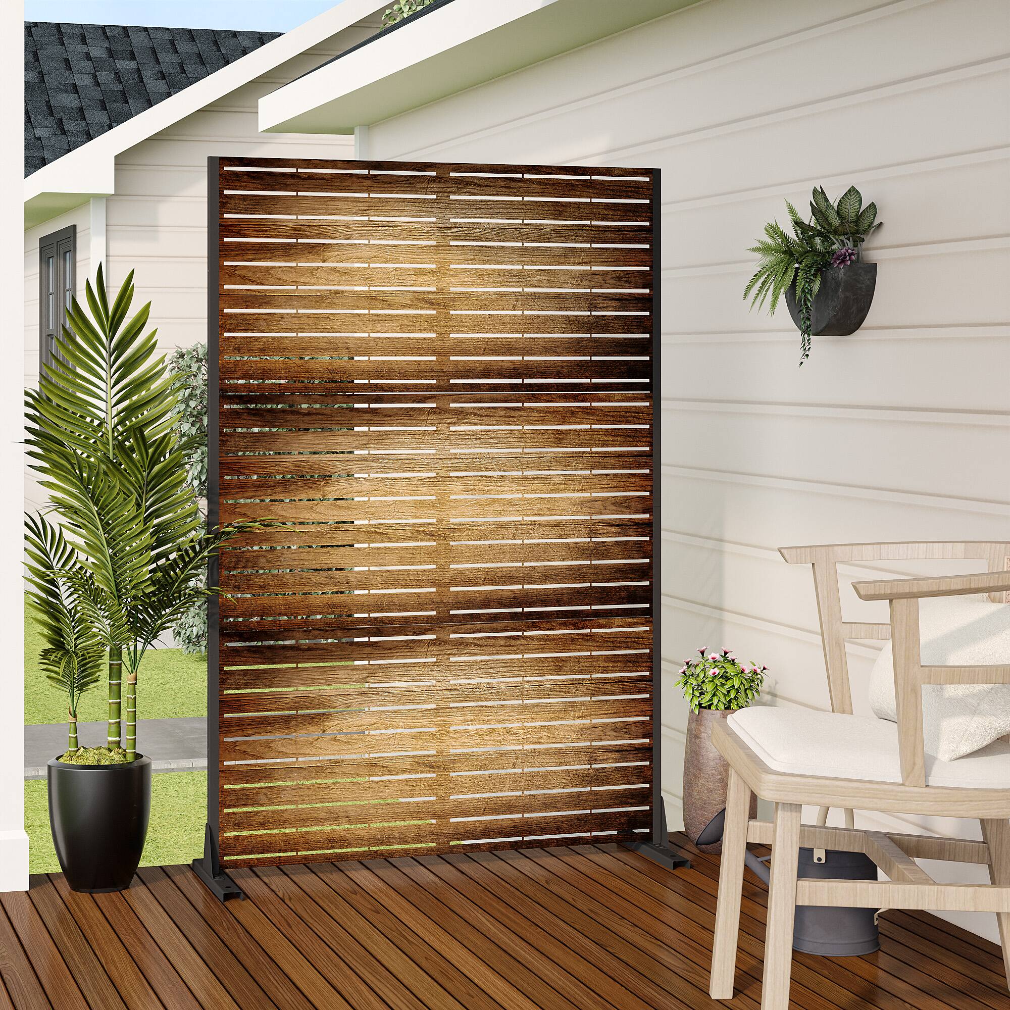 Alt View 2. PexFix - 72 in. x 47 in. Veneer Pattern Metal Outdoor Privacy Screen & Panels, Freestanding Garden Divider Fence - Dark Brown.