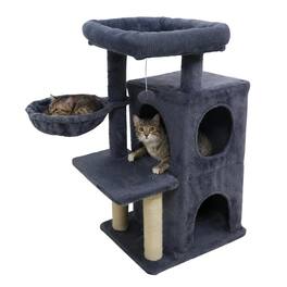 Gymax - 33.5'' Cat Tree w/ 2-Tier Condo Padded Plush Top Perch Sisal Scratching Posts Deep Gray