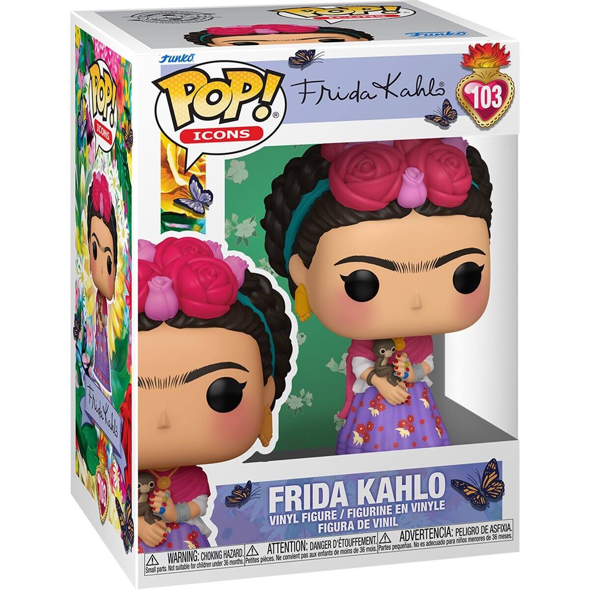 Funko POP! ICONS  
Frida Kahlo 103  
FRIDA KAHLO EN VINYLE VINYL FIGURE FIGURINE FIGURA DE VINIL DE ASFIXIA, ADVERTENCIA: PELIGRO de 36 meses, D'TOUFFEMENT, para nios menores ATTENTION: DANGER pequeas. No es adecuado A de 36 mois Partes HAZARD, enfants de moins WARNING: CHOKING convient pas aux  Petites pieces. Ne tr children under 36 months, Small parts. Not suitable