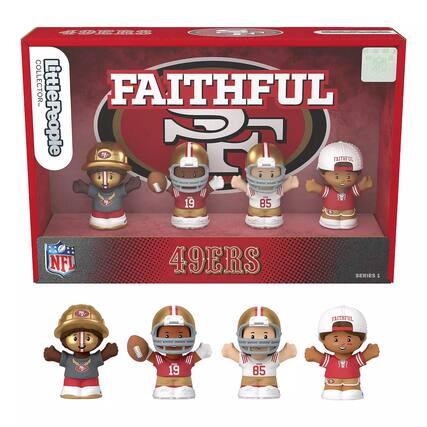 The text on the image is:
"FAITHFUL LittlePeople Collector Series 1 1985 NFL 49ers"
Corrected and grouped text:
"FAITHFUL LittlePeople Collector Series 1 1985 NFL 49ers"
