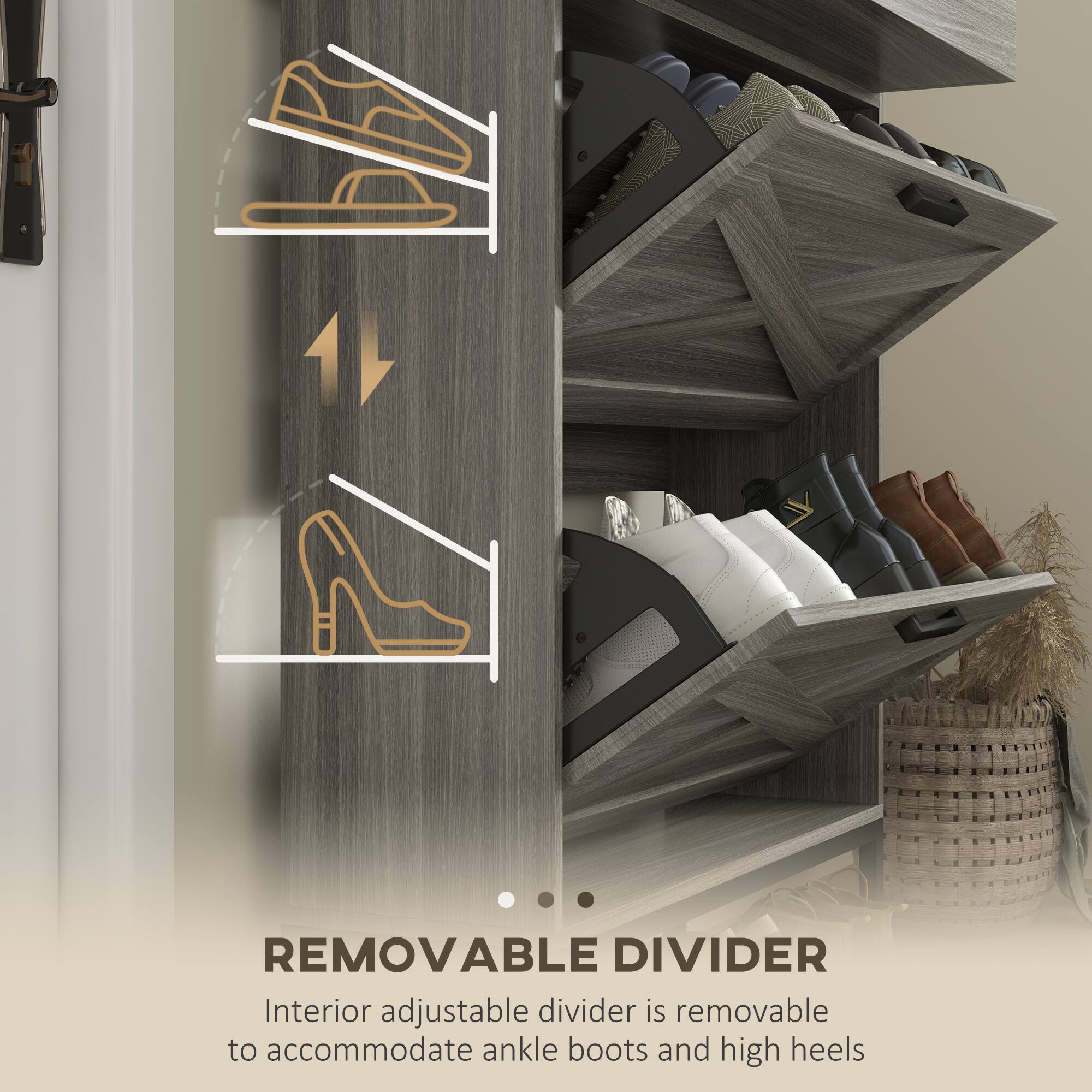 REMOVABLE DIVIDER
Interior adjustable divider is removable to accommodate ankle boots and high heels