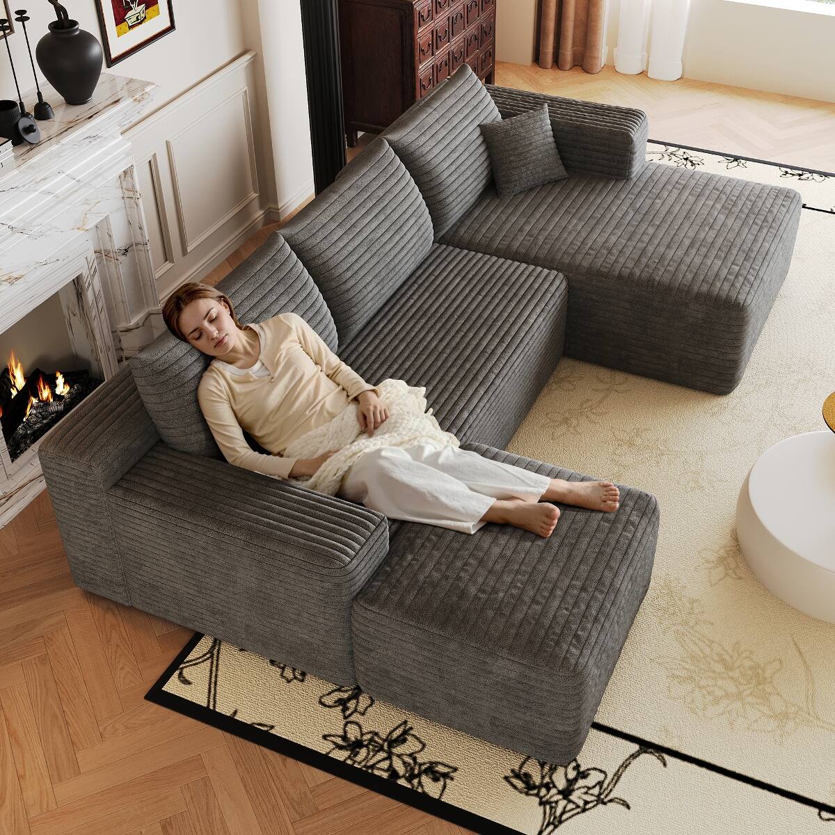 Ropilly 103 Inch Cloud Sectional Sofa Dark Grey Corduroy L Shaped Sofa ...