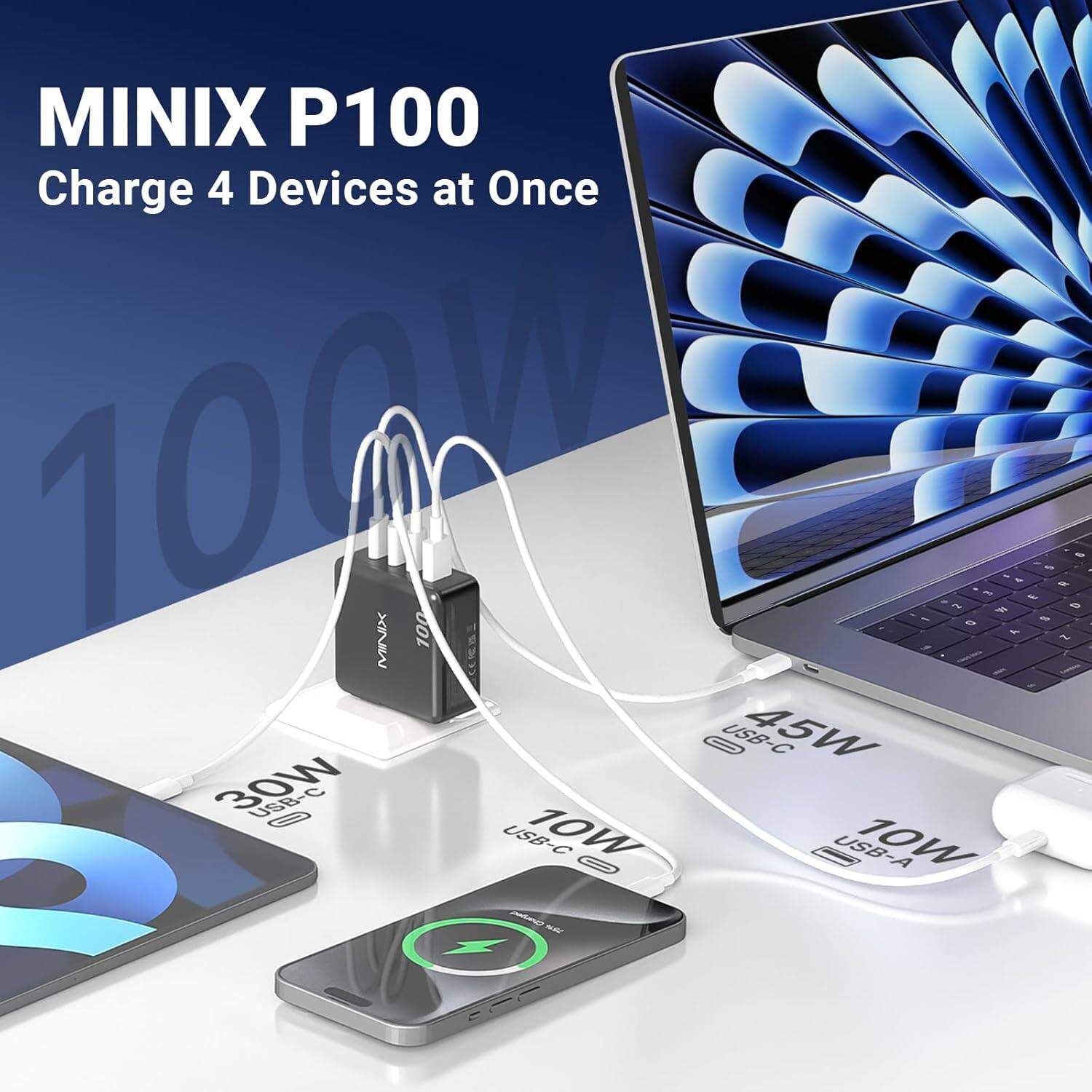 MINIX P100  
Charge 4 Devices at Once  
100W  
MINIX 100  
2 x 45W USB-C  
2 x 30W USB-C  
1 x 10W USB-A  
1 x 10W USB-C