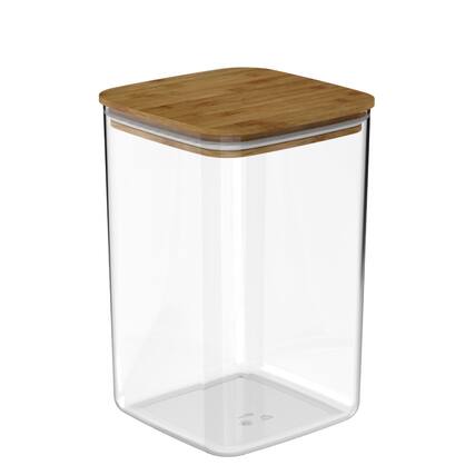 Front. OU - OU Airtight Food Storage Container 3.7qt, Plastic Stackable Kitchen Pantry Organizer w Bamboo Lid.