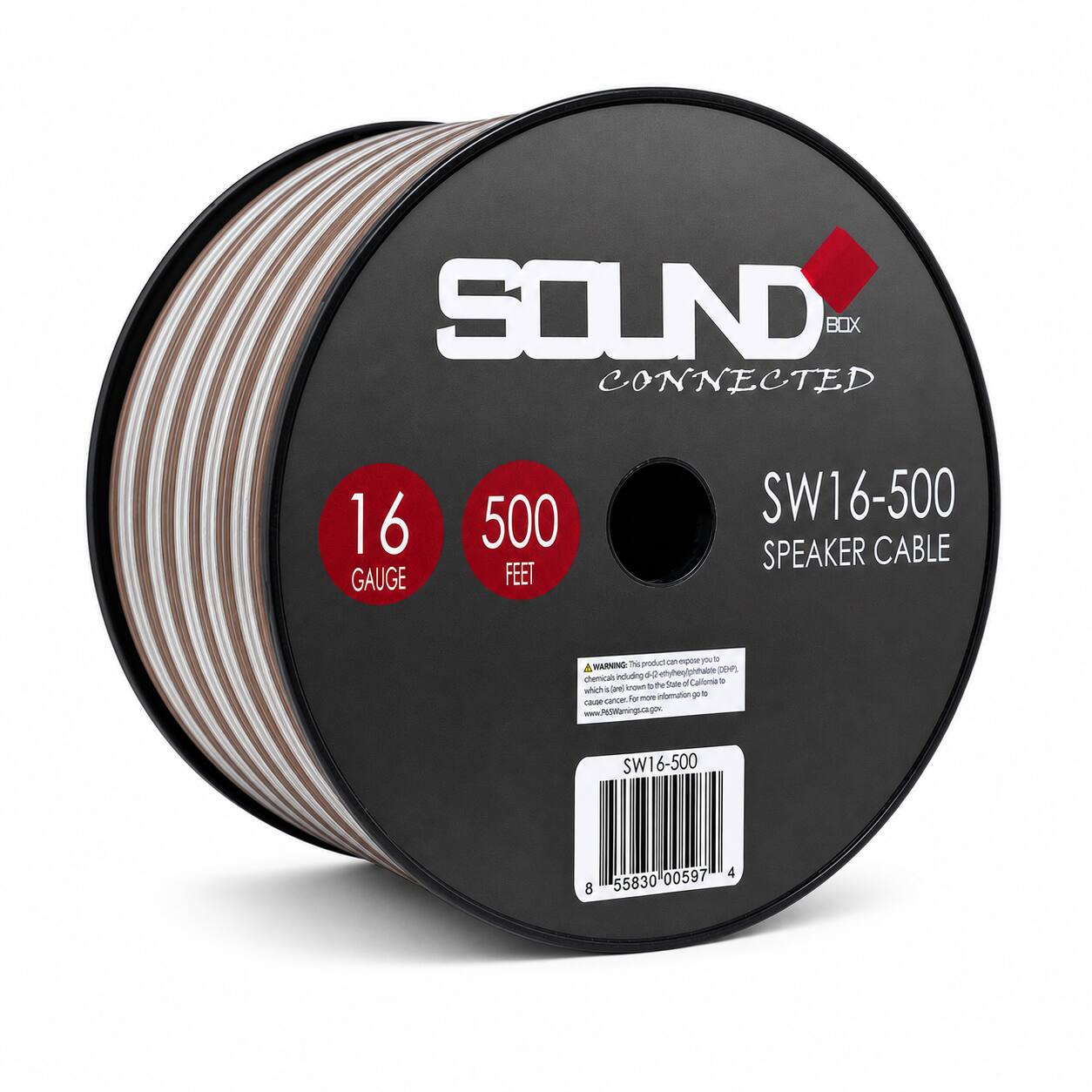SOUND BOX CONNECTED  
16 GAUGE  
500 FEET  
SW16-500 SPEAKER CABLE  

WARNING: This product can expose you to chemicals including di(2-ethylhexyl)phthalate (DOP), which is known to the State of California to cause cancer. For more information go to www.P65Warnings.ca.gov.  

SW16-500  
00597 4 8 55830