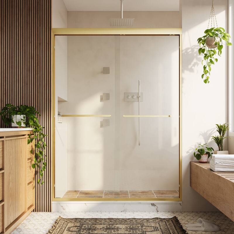 Left. WELLFOR - 50-54 in W x 72 in H Framed Shower Door with Double Sliding & Stainless Steel Towel Bar Handle, 1/4" Tempered Glass - Brushed Gold.