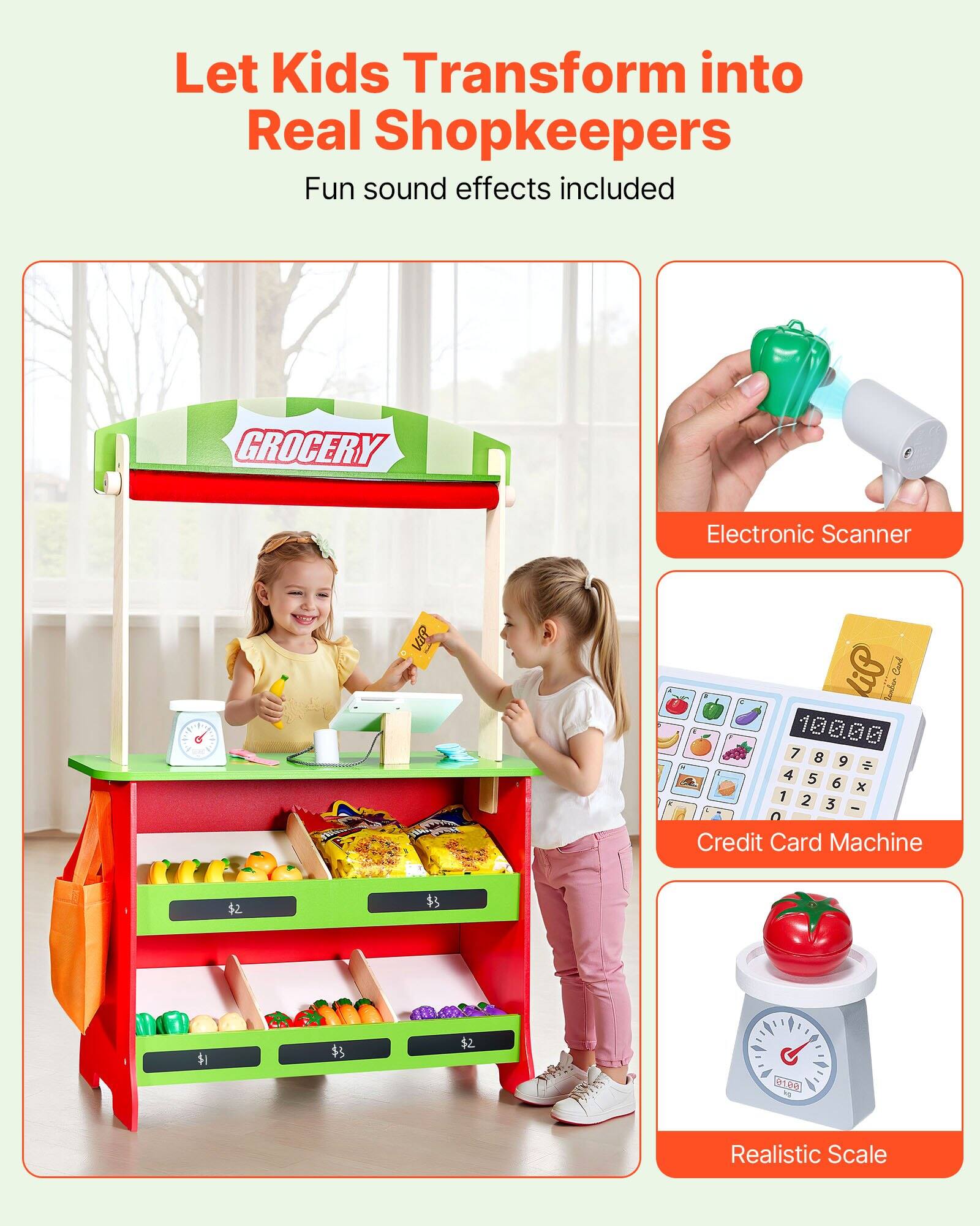 Let Kids Transform into Real Shopkeepers  
Fun sound effects included  

GROCERY  

Electronic Scanner  

Credit Card Machine  

Realistic Scale