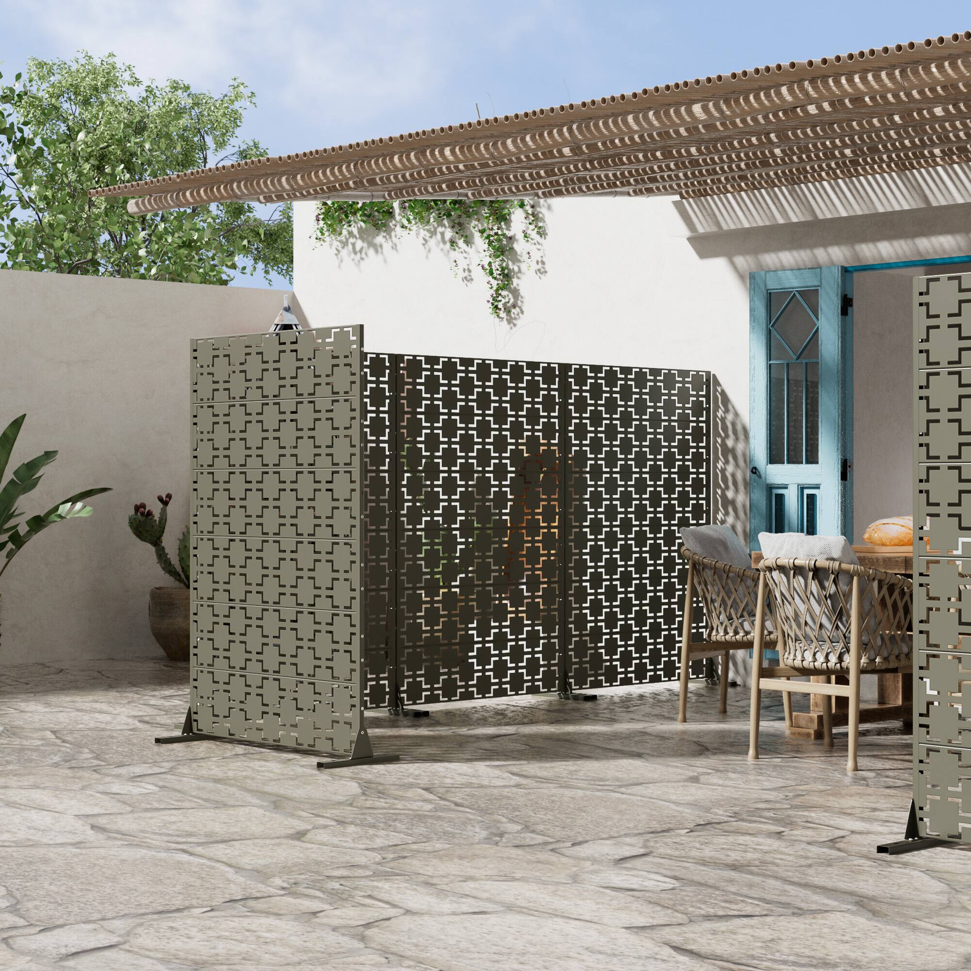 Alt View 2. PexFix - 72 in. x 47 in. Square Pattern Metal Outdoor Privacy Screen & Panels, Freestanding Garden Divider Fence - Olive Gray.