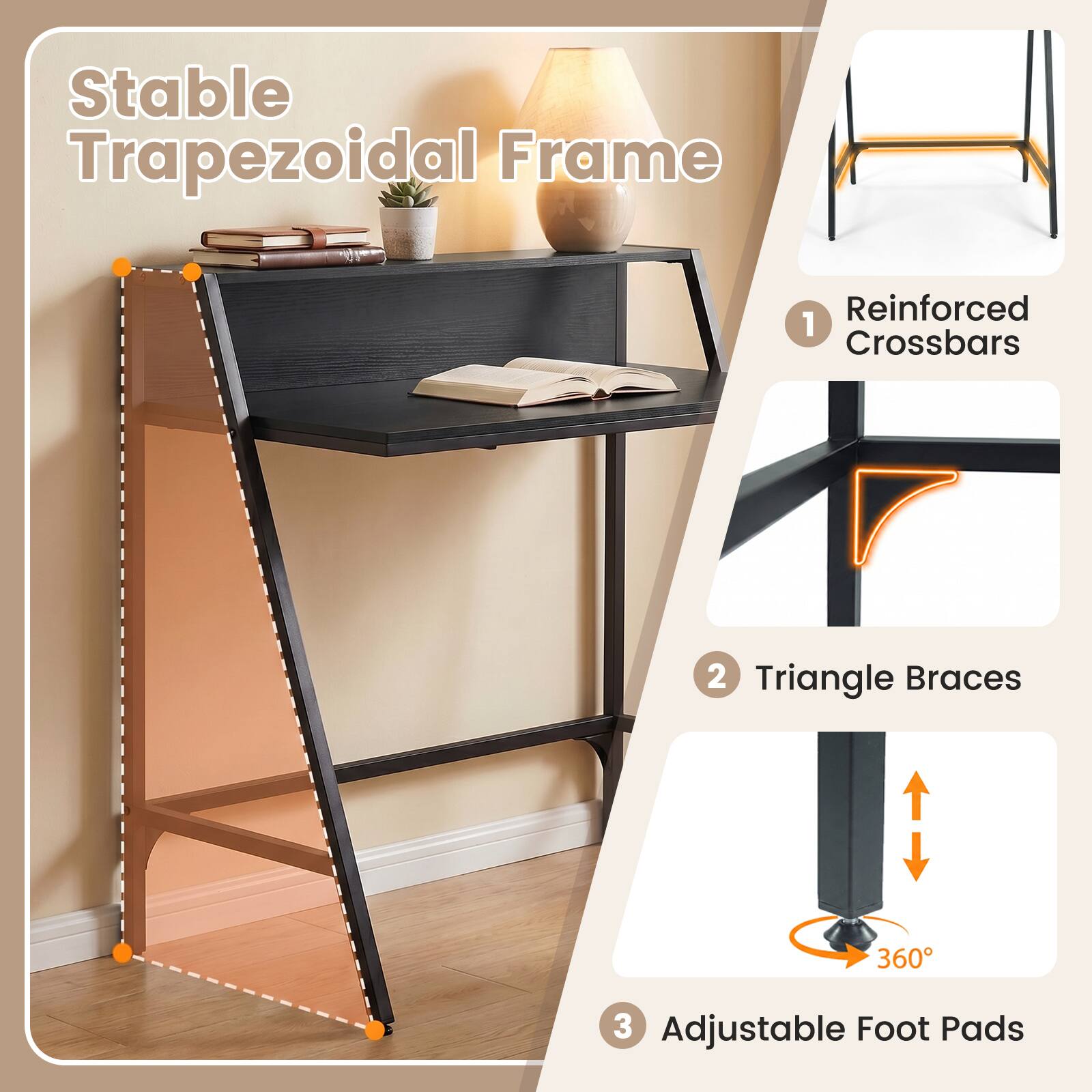 Stable Trapezoidal Frame  
1. Reinforced Crossbars  
2. Triangle Braces  
3. Adjustable Foot Pads