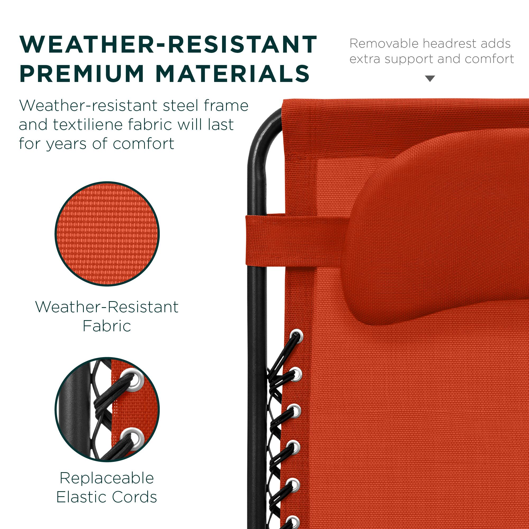 WEATHER-RESISTANT PREMIUM MATERIALS

Weather-resistant steel frame and textilene fabric will last for years of comfort

Weather-Resistant Fabric

Replaceable Elastic Cords

Removable headrest adds extra support and comfort