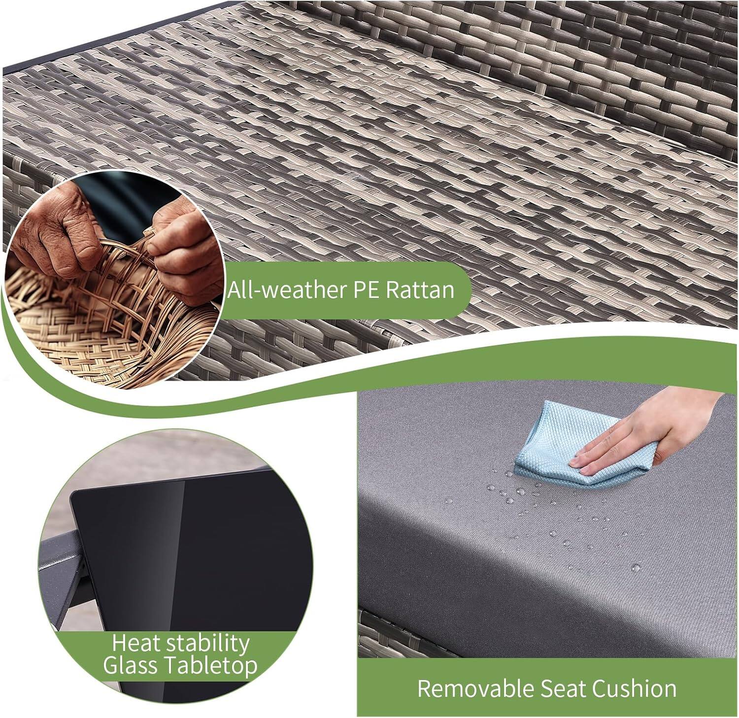 All-weather PE Rattan, Heat stability Glass Tabletop, Removable Seat Cushion