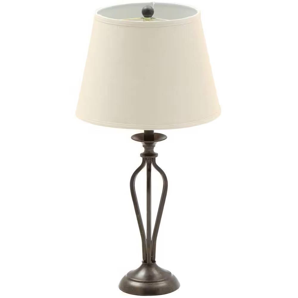 Left. Hivvago - Traditional Bronze Metal Finish Table Lamp with Beige Linen Shade - Bronze, Beige.