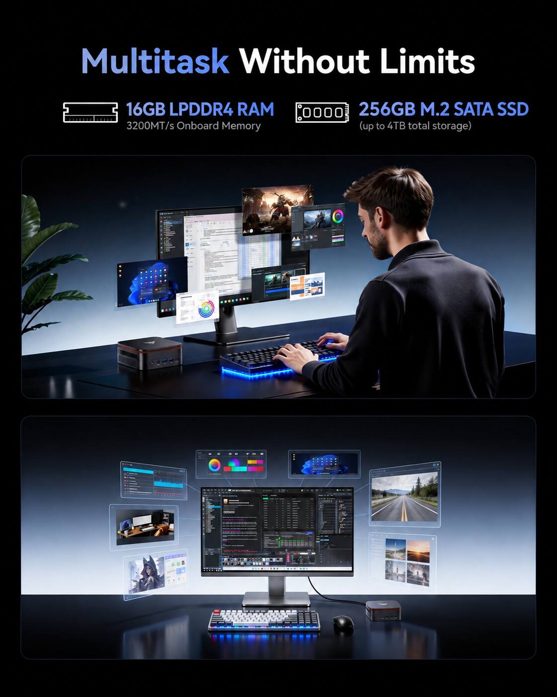 Multitask Without Limits

16GB LPDDR4 RAM  
3200MT/s Onboard Memory

256GB M.2 SATA SSD  
(up to 4TB total storage)