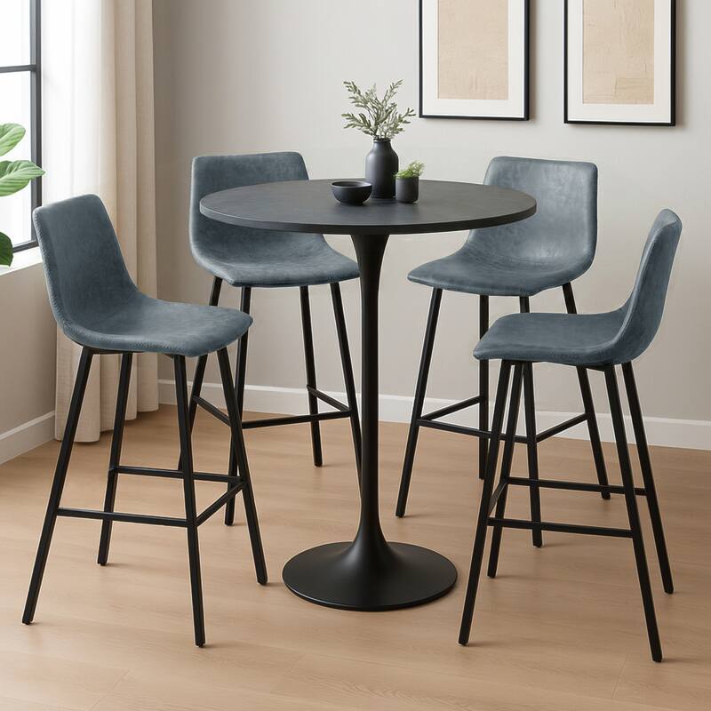 Left. LeisureMod - Elland Modern Upholstered Leather Bar Stool with Iron Legs and Footrest, Counter Height Dining Stool - Peacock Blue.