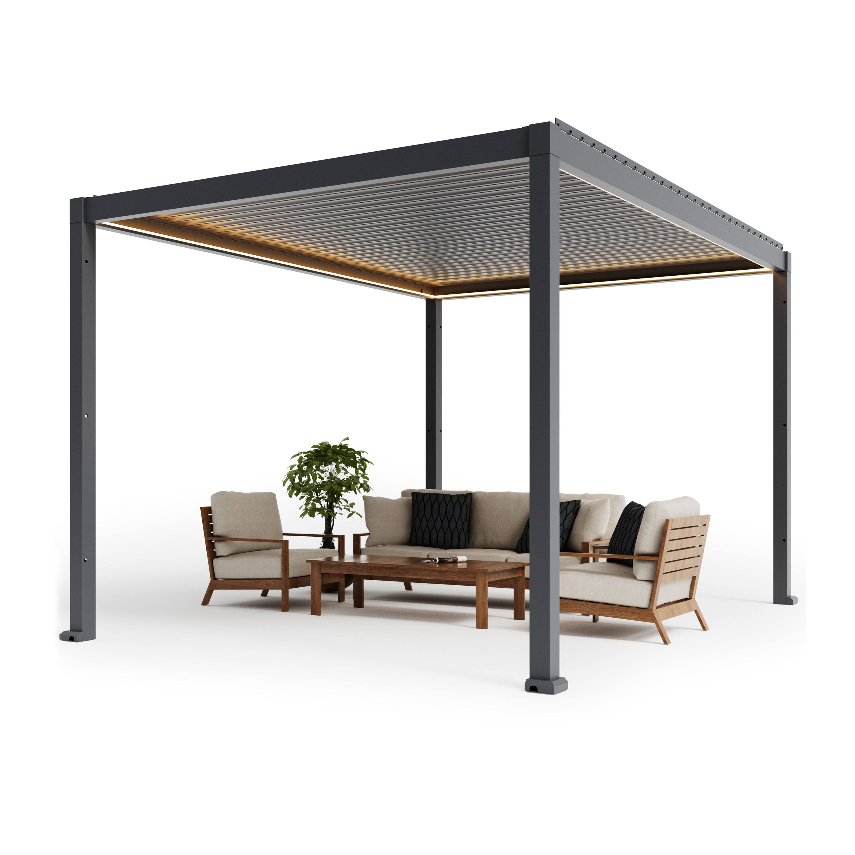 Back. Mondawe - 10x13FT Electric Adjustable Aluminum Louver Pergola with Integrated LED Lights - Gray.