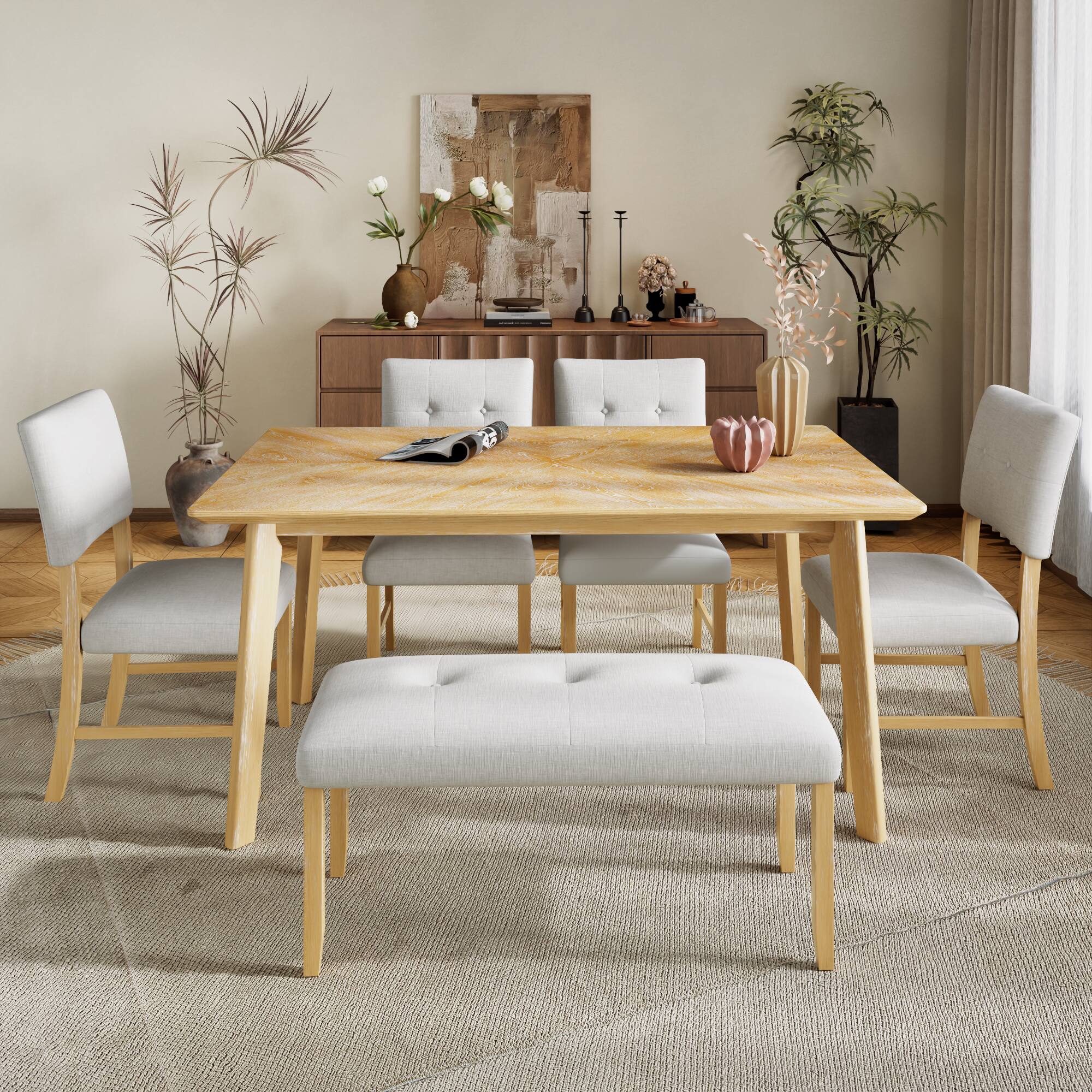 Alt View 6. Ecooso - Retro Dining Table-6 people, Minimalist Rectangular Dinette Table for Dining Room and Kitchen, Rubber wood Legs - Natural Wood Wash.