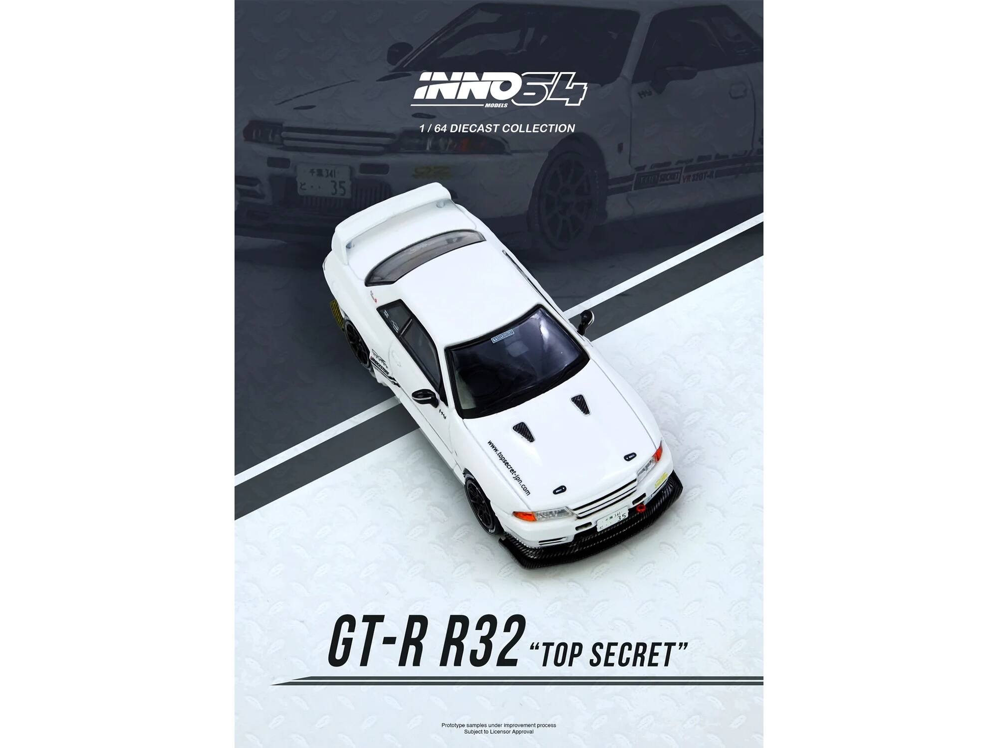 INNO34 MODELS  
1 / 64 DIECAST COLLECTION  
341  
35 TONI SCE R32014 IT  
www.topsecret.com  
GT-R R32 "TOP SECRET"  
Prototype sample under improvement process  
Subject to Licensor Approval