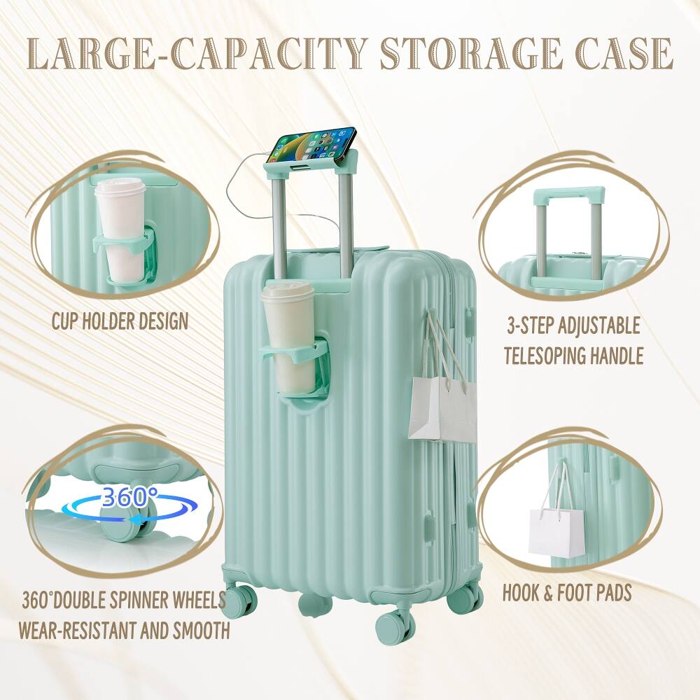 LARGE-CAPACITY STORAGE CASE

CUP HOLDER DESIGN

3-STEP ADJUSTABLE TELESCOPING HANDLE

360° DOUBLE SPINNER WHEELS WEAR-RESISTANT AND SMOOTH

HOOK & FOOT PADS