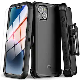 Mybat Pro - Maverick Series Case with Holster and Tempered Glass for Apple iPhone 17e / 16e / 14 / 13 - Black