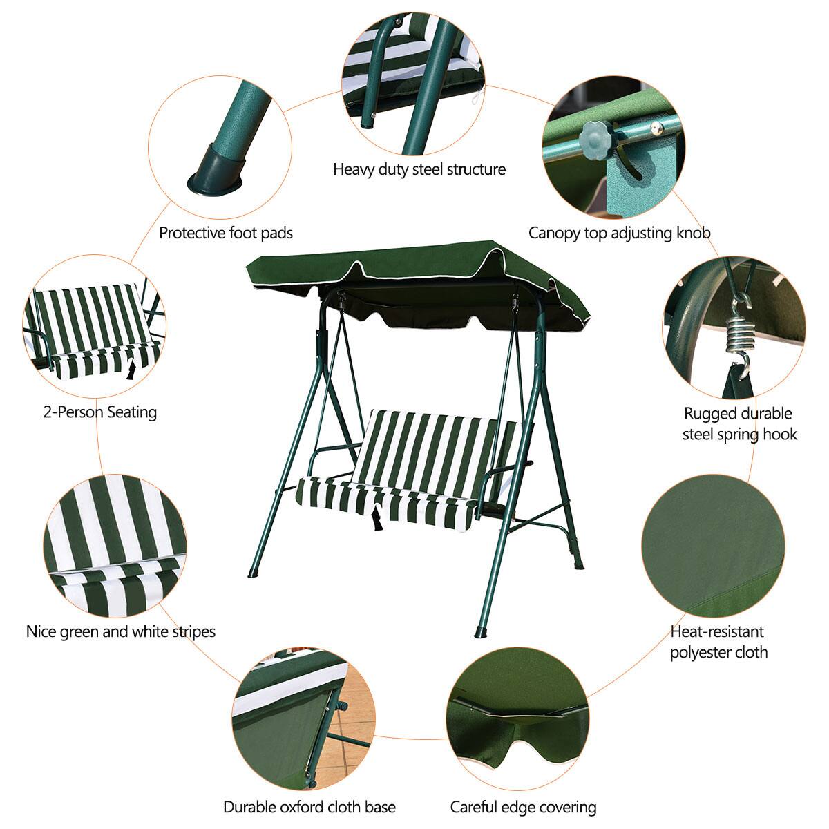 - Heavy duty steel structure
- Protective foot pads
- Canopy top adjusting knob
- 2-Person Seating
- Nice green and white stripes
- Rugged durable steel spring hook
- Heat-resistant polyester cloth
- Durable oxford cloth base
- Careful edge covering